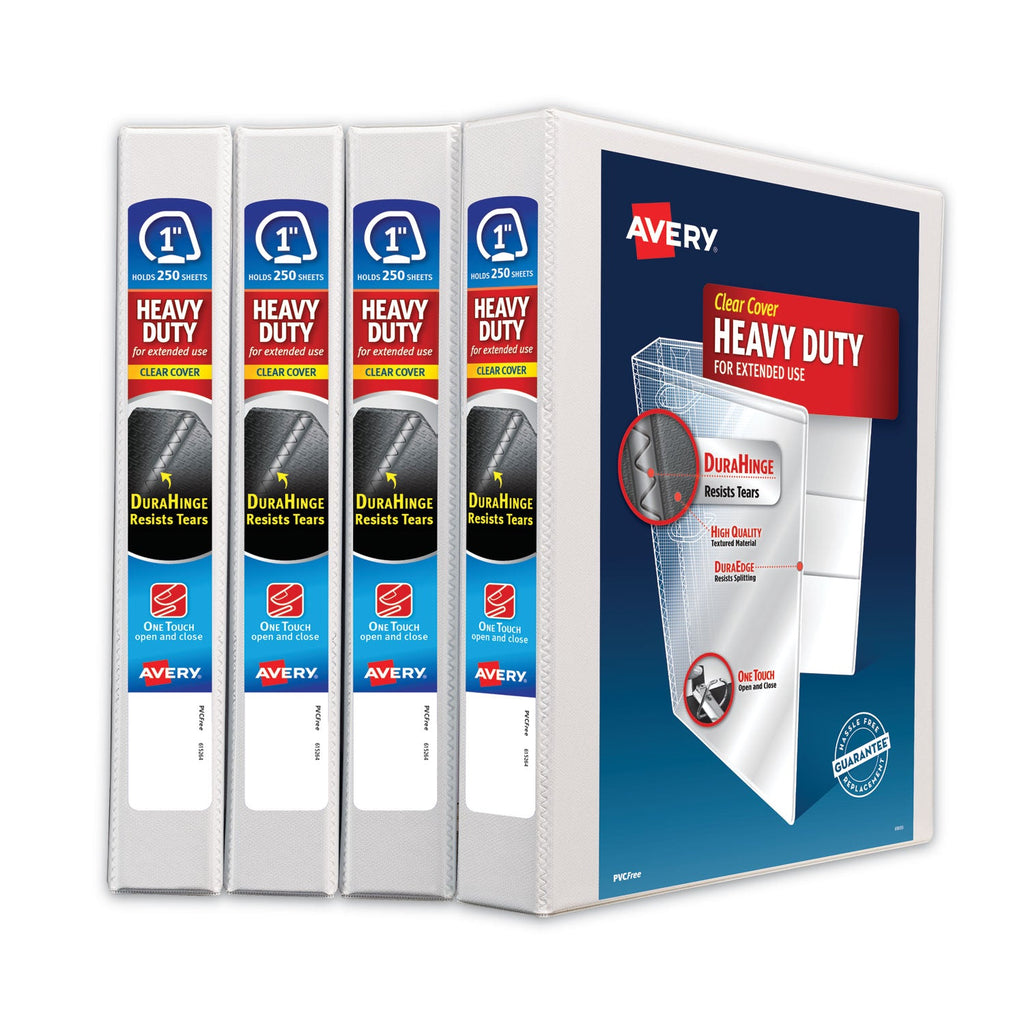 Avery Heavy-Duty Non Stick View Binder with DuraHinge and Slant Rings, 3 Rings, 1" Capacity, 11 x 8.5, White, 4/Pack