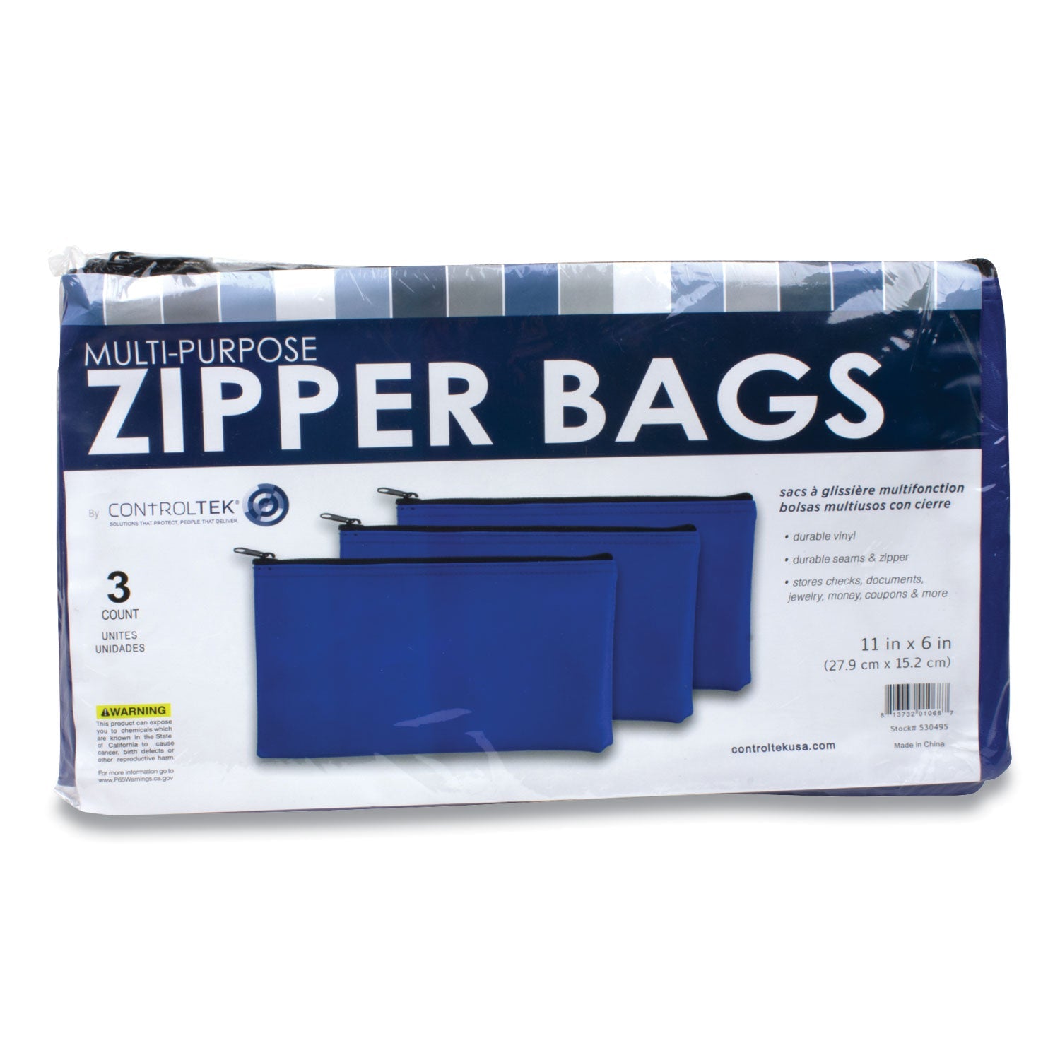 CONTROLTEK Fabric Deposit Bag, Vinyl, 5.5 x 11, Blue, 3/Pack