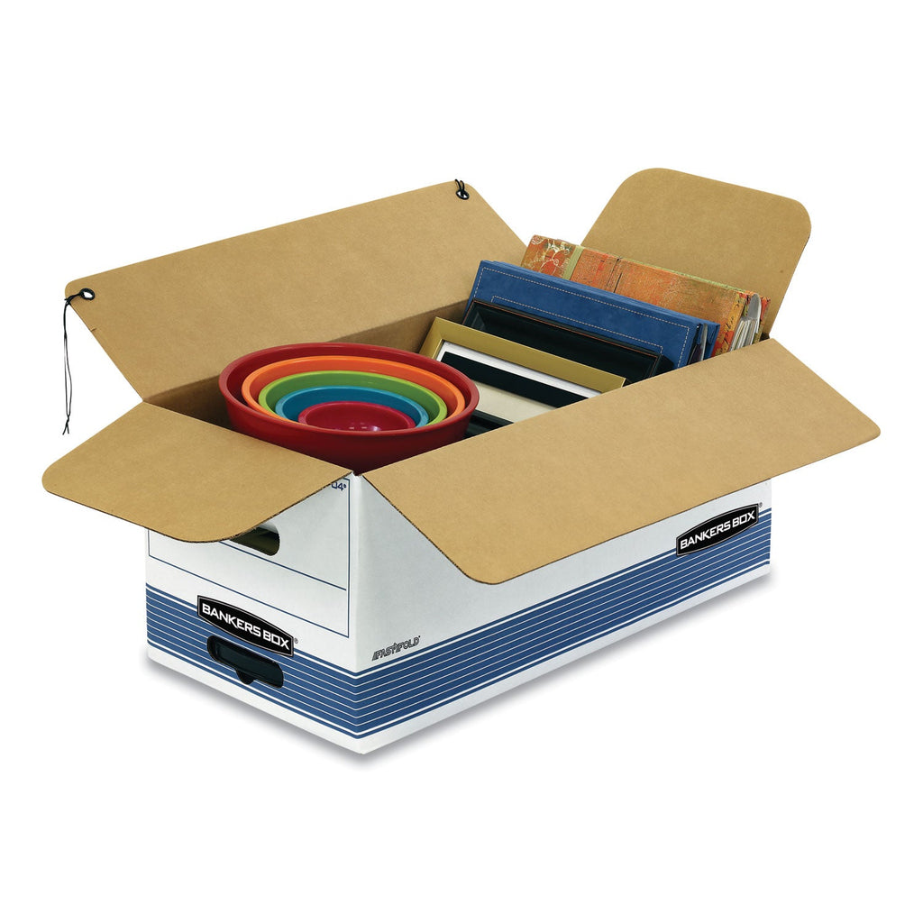 Bankers Box STOR/FILE Medium-Duty Strength Storage Boxes, Letter/Legal Files, 12.25" x 16" x 11", White/Blue, 4/Carton