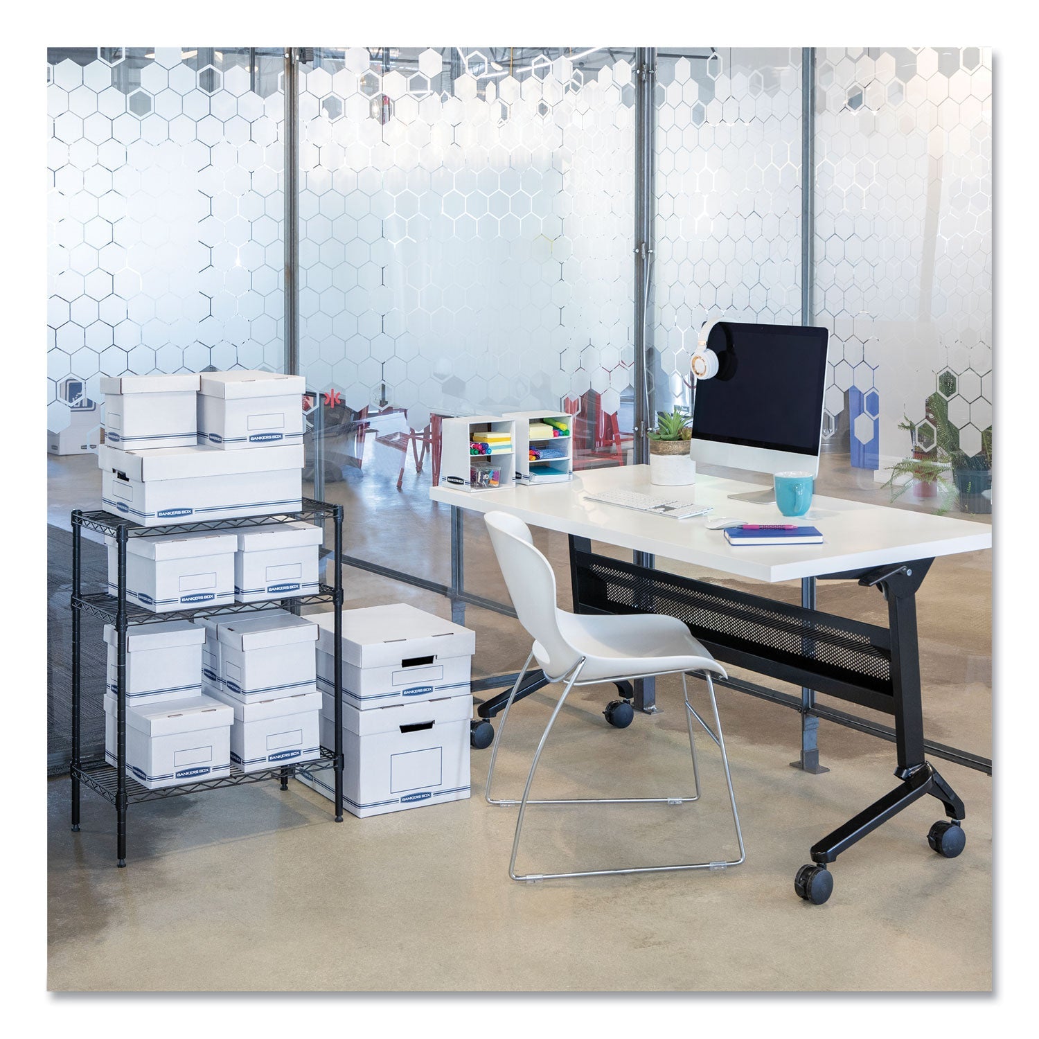 Bankers Box Organizer Storage Boxes, Large, 12.75" x 16.5" x 6.5", White/Blue, 12/Carton