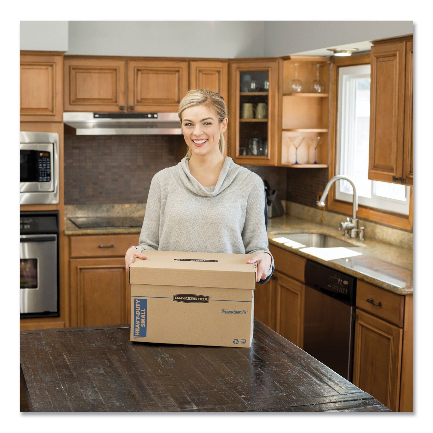 Bankers Box SmoothMove Maximum Strength Moving Boxes, Half Slotted Container (HSC), Medium, 12.25" x 18.5" x 12", Brown/Blue, 8/Pack