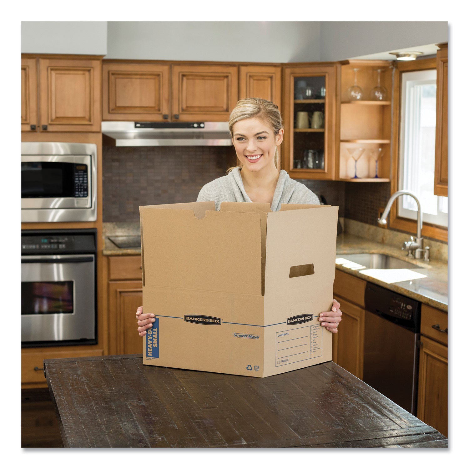 Bankers Box SmoothMove Maximum Strength Moving Boxes, Half Slotted Container (HSC), Medium, 12.25" x 18.5" x 12", Brown/Blue, 8/Pack