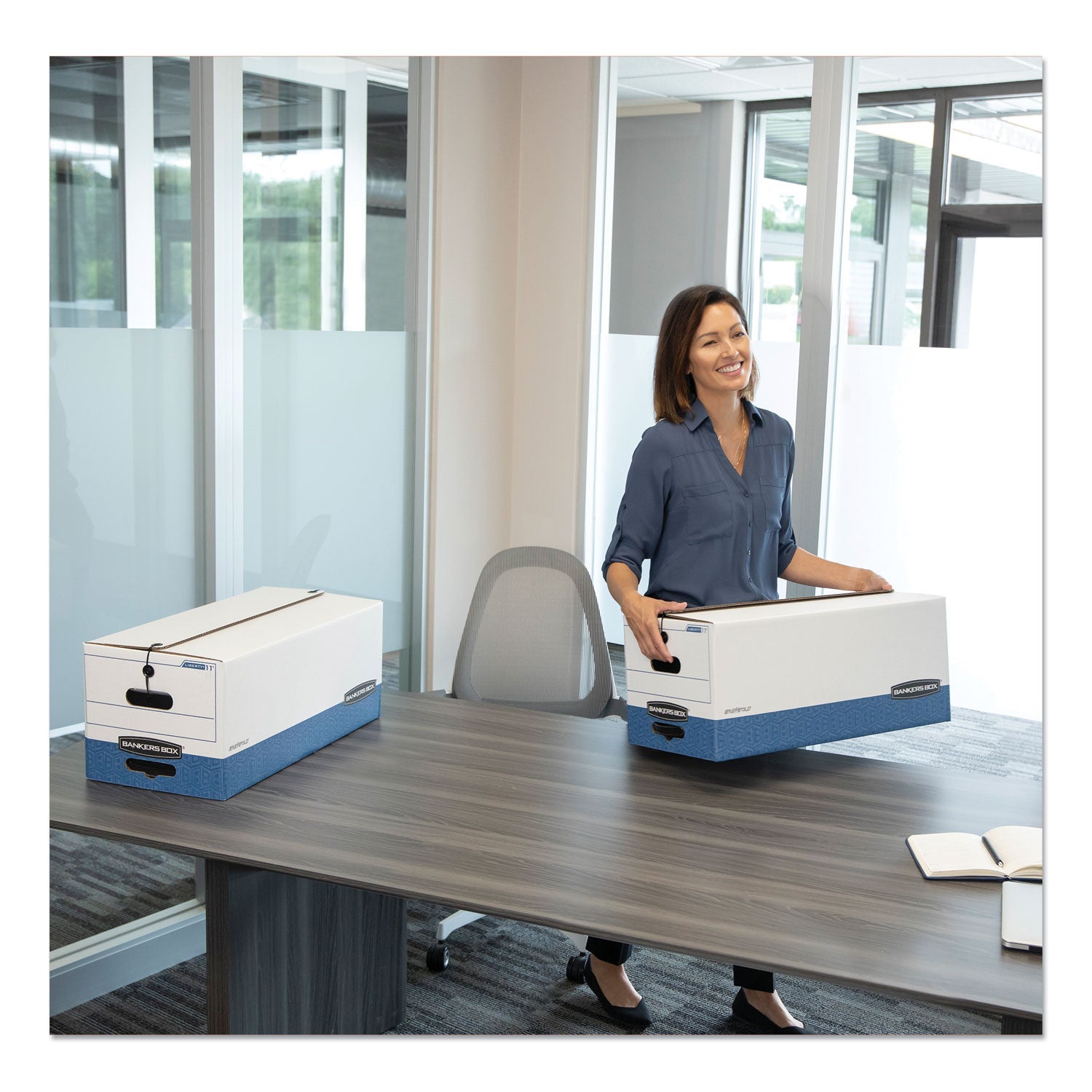 Bankers Box STOR/FILE Medium-Duty Strength Storage Boxes, Letter Files, 12.25" x 24.13" x 10.75", White/Blue, 4/Carton