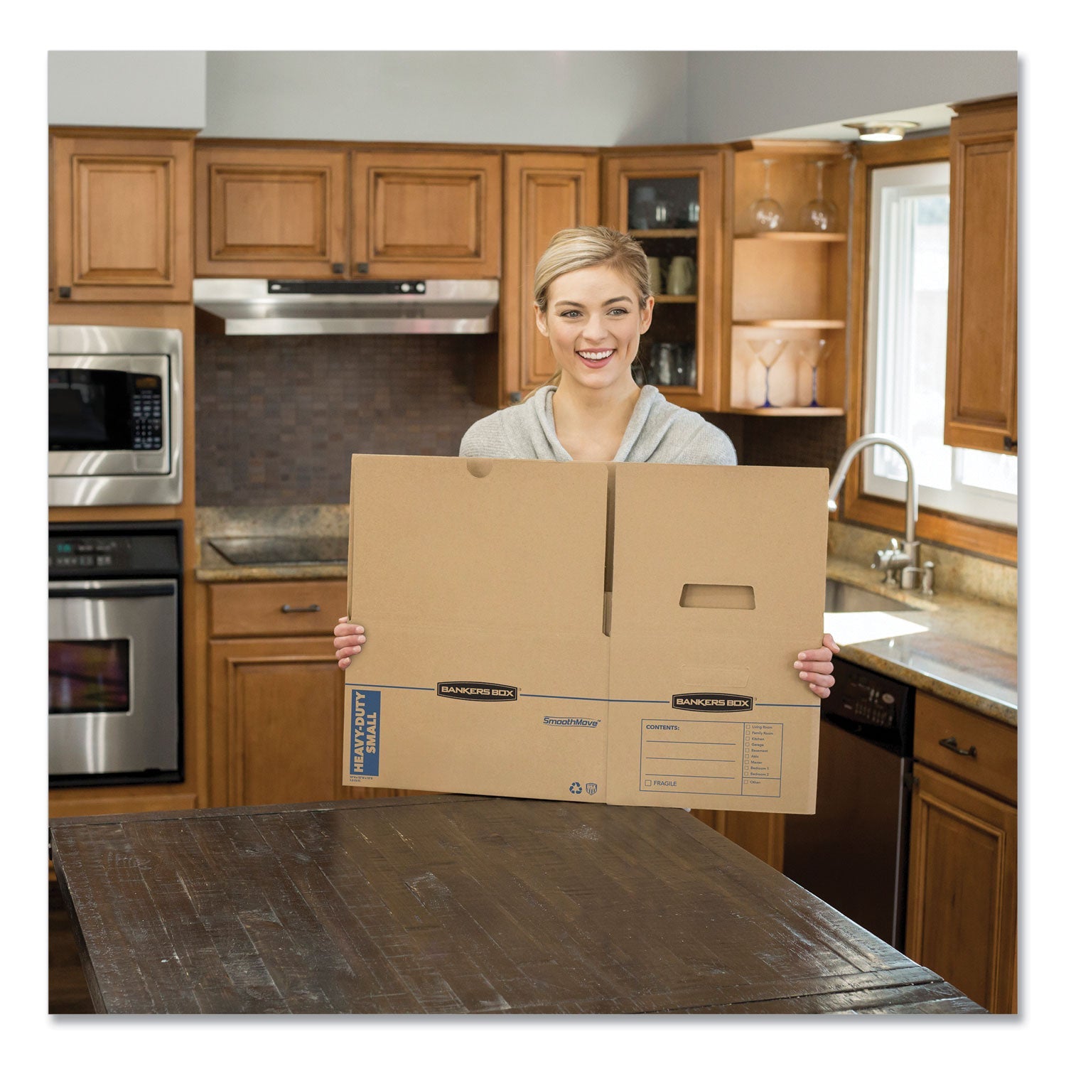 Bankers Box SmoothMove Maximum Strength Moving Boxes, Half Slotted Container (HSC), Medium, 12.25" x 18.5" x 12", Brown/Blue, 8/Pack