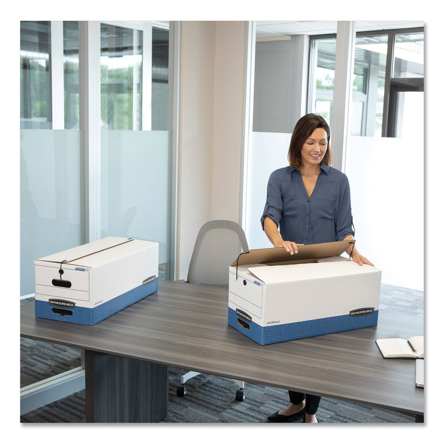 Bankers Box STOR/FILE Medium-Duty Strength Storage Boxes, Letter/Legal Files, 12.25" x 16" x 11", White/Blue, 4/Carton