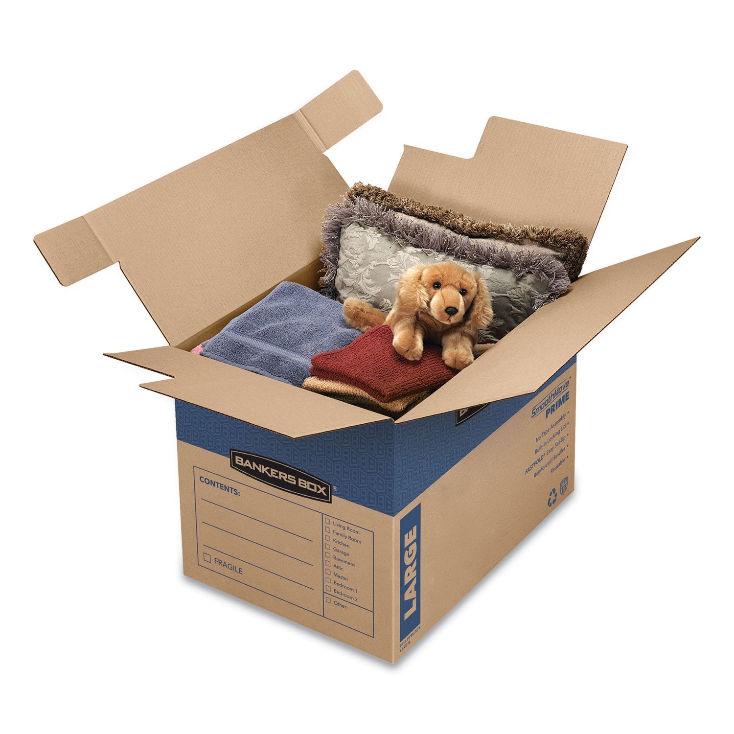 Bankers Box SmoothMove Prime Moving/Storage Boxes, Hinged Lid, Regular Slotted Container (RSC), 18" x 24" x 18", Brown/Blue, 6/Carton