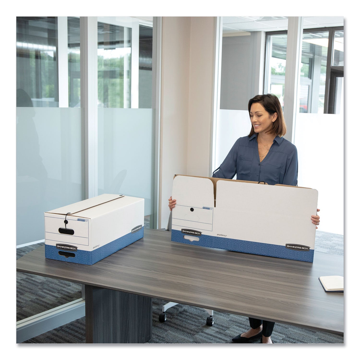 Bankers Box STOR/FILE Medium-Duty Strength Storage Boxes, Letter Files, 12.25" x 24.13" x 10.75", White/Blue, 4/Carton