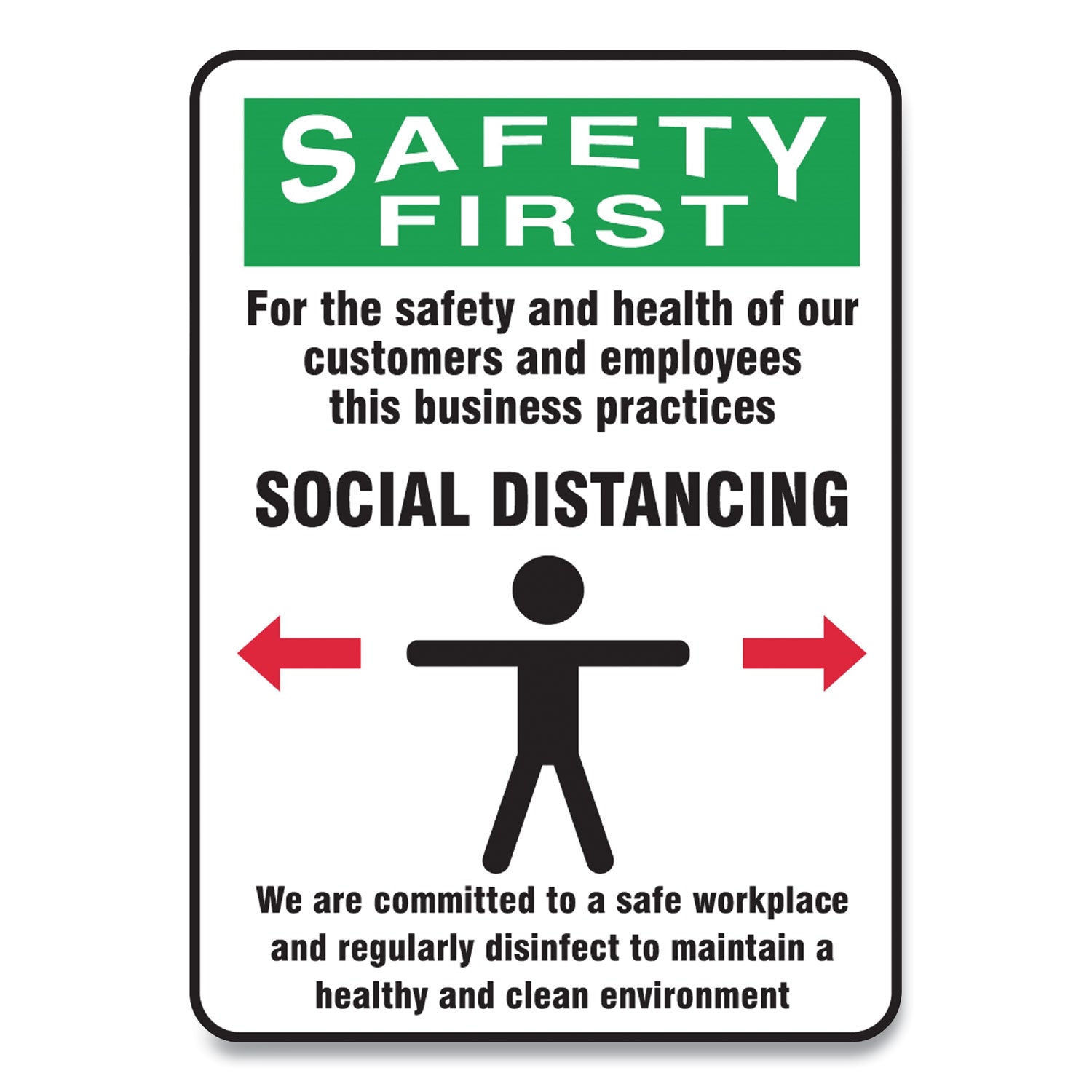 Accuform Social Distance Signs, Wall, 7 x 10, Customers and Employees Distancing Clean Environment, Humans/Arrows, Green/White, 10/PK