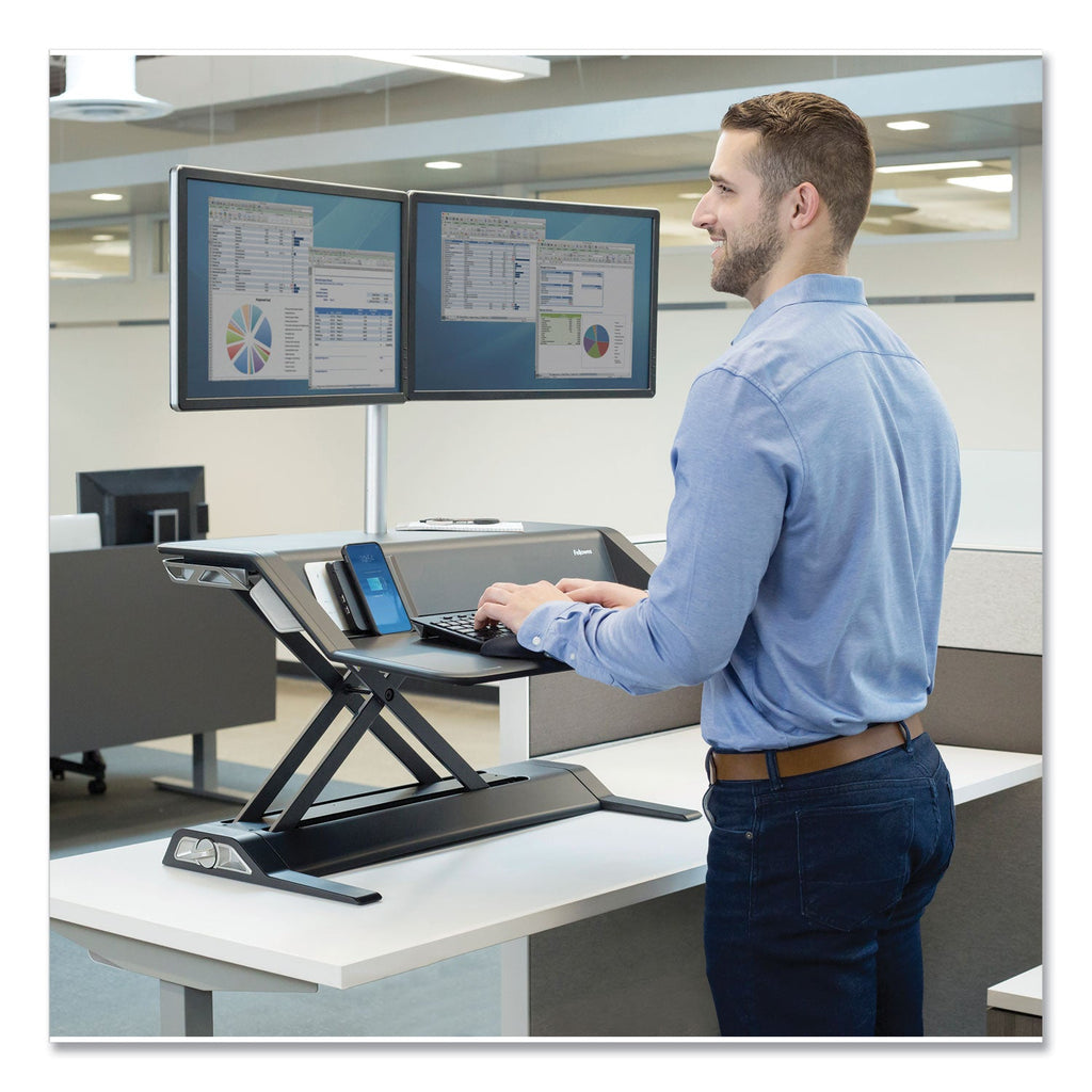 Fellowes Lotus DX Sit-Stand Workstation, 32.75" x 24.25" x 5.5" to 22.5", Black