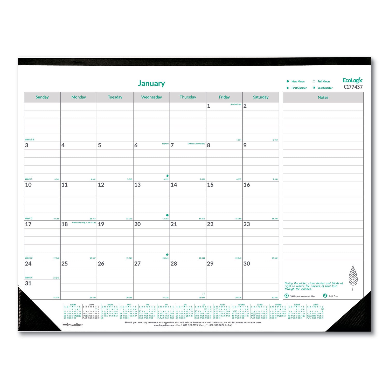 Brownline EcoLogix Monthly Desk Pad Calendar, 22 x 17, White/Green Sheets, Black Binding/Corners, 12-Month (Jan to Dec): 2023