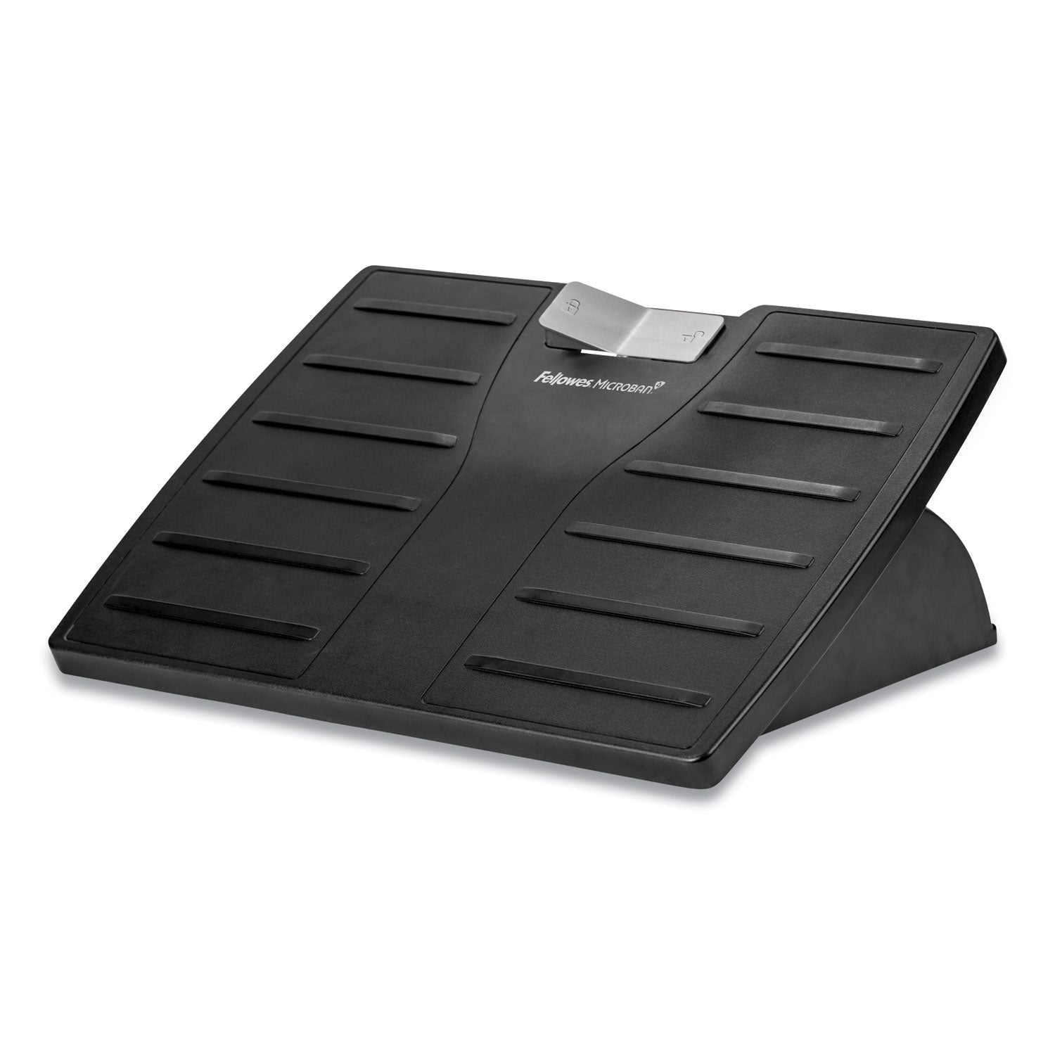 Fellowes Adjustable Locking Footrest with Microban, 17.5w x 13.13d x 4.13 to 5.63h, Black/Silver