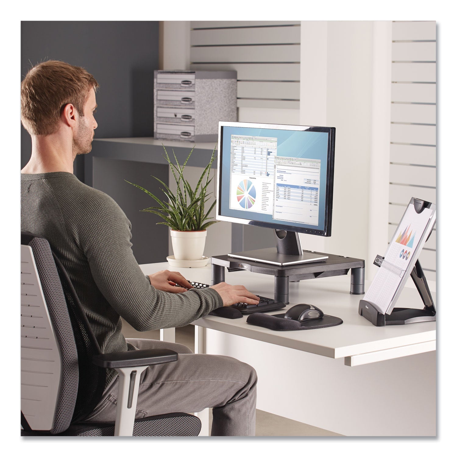 Fellowes Standard Monitor Riser, 13.38" x 13.63" x 2" to 4", Graphite, Supports 60 lbs