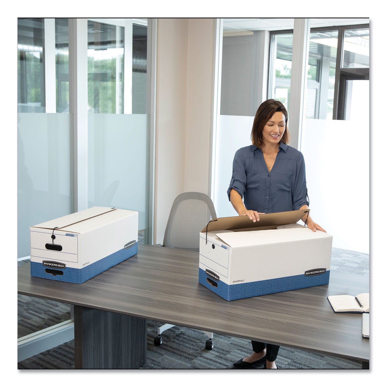 Bankers Box LIBERTY Heavy-Duty Strength Storage Boxes, Legal Files, 15.25" x 24.13" x 10.75", White/Blue, 4/Carton