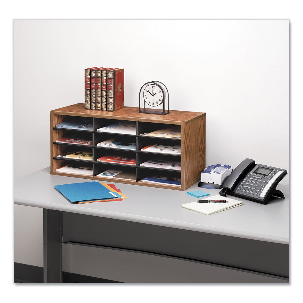 Fellowes Particle Board Desktop Sorter, 12 Compartments, 29 x 11.88 x 12.94, Medium Oak