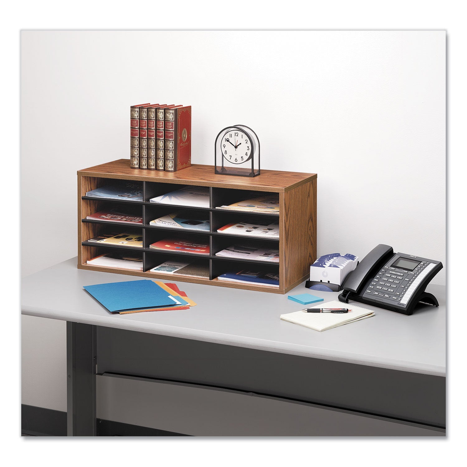 Fellowes Particle Board Desktop Sorter, 12 Compartments, 29 x 11.88 x 12.94, Medium Oak