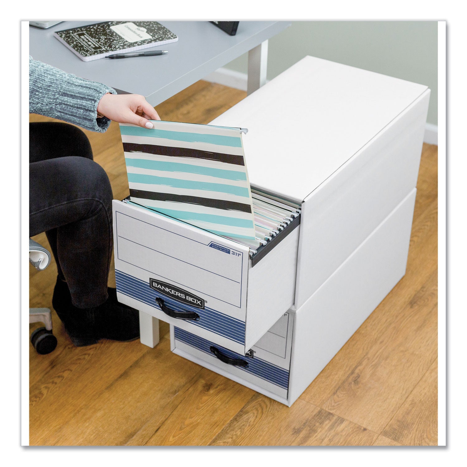 Bankers Box STOR/DRAWER STEEL PLUS Extra Space-Savings Storage Drawers, Letter Files, 14" x 25.5" x 11.5", White/Blue, 6/Carton