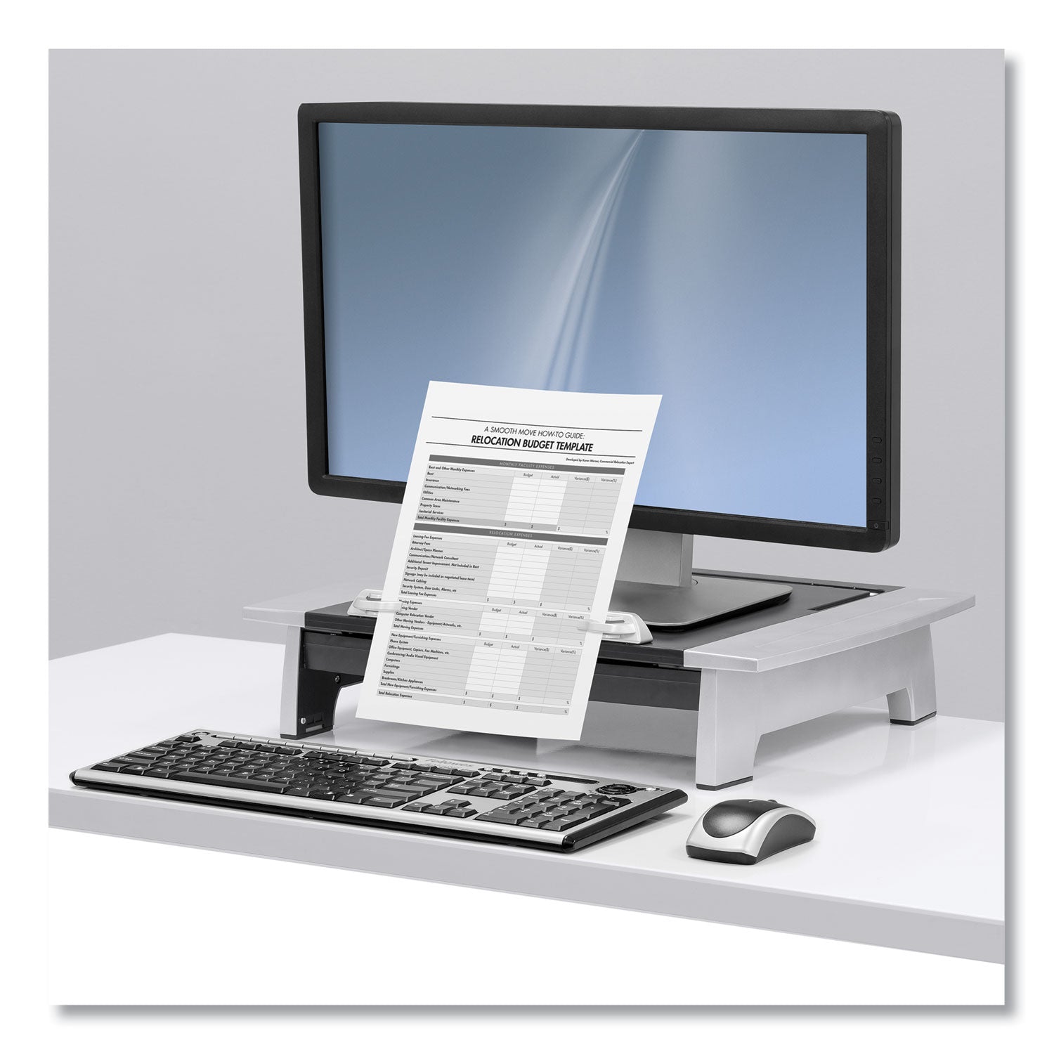 Fellowes Office Suites Monitor Riser Plus, 19.88" x 14.06" x 4" to 6.5", Black/Silver, Supports 80 lbs