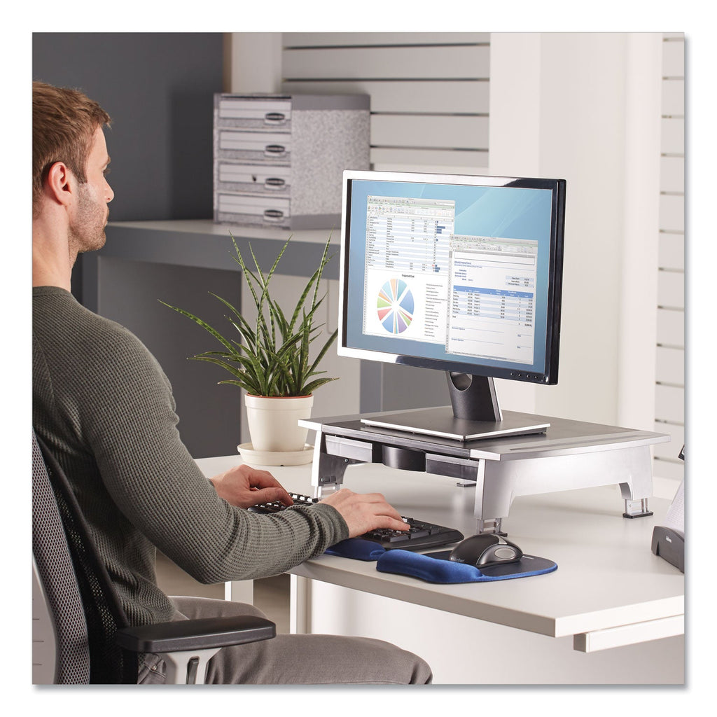 Fellowes Office Suites Standard Monitor Riser, For 21" Monitors, 19.78" x 14.06" x 4" to 6.5", Black/Silver, Supports 80 lbs