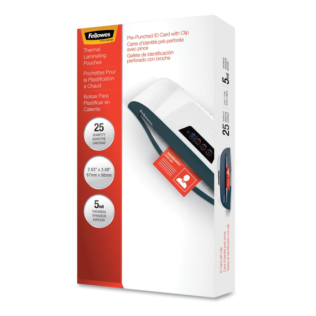 Fellowes Laminating Pouches, 5 mil, 3.88" x 2.63", Gloss Clear, 25/Pack
