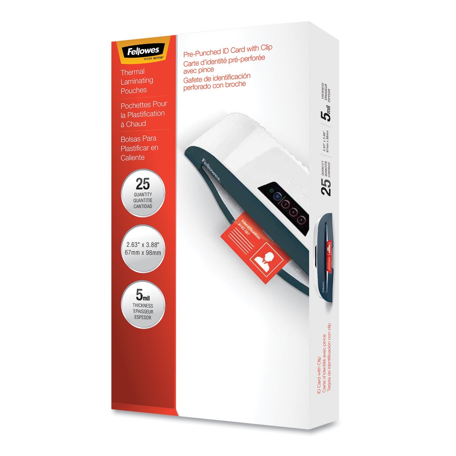 Fellowes Laminating Pouches, 5 mil, 3.88" x 2.63", Gloss Clear, 25/Pack