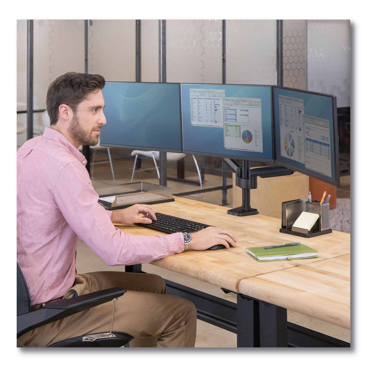 Fellowes Platinum Series Triple Monitor Arm for 27" Monitors, 360 deg Rotation, +85/-20 deg Tilt, 360 deg Pan, Black, Supports 20 lb