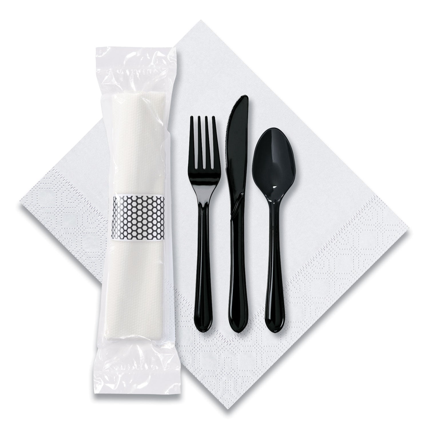 Hoffmaster CaterWrap Cater to Go Express Cutlery Kit, Fork/Knife/Spoon/Napkin, Black, 100/Carton