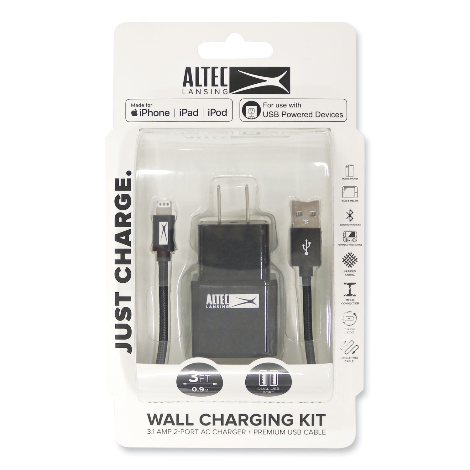 Altec Lansing Fabric Lightning Charging Cable, 3 ft, Black