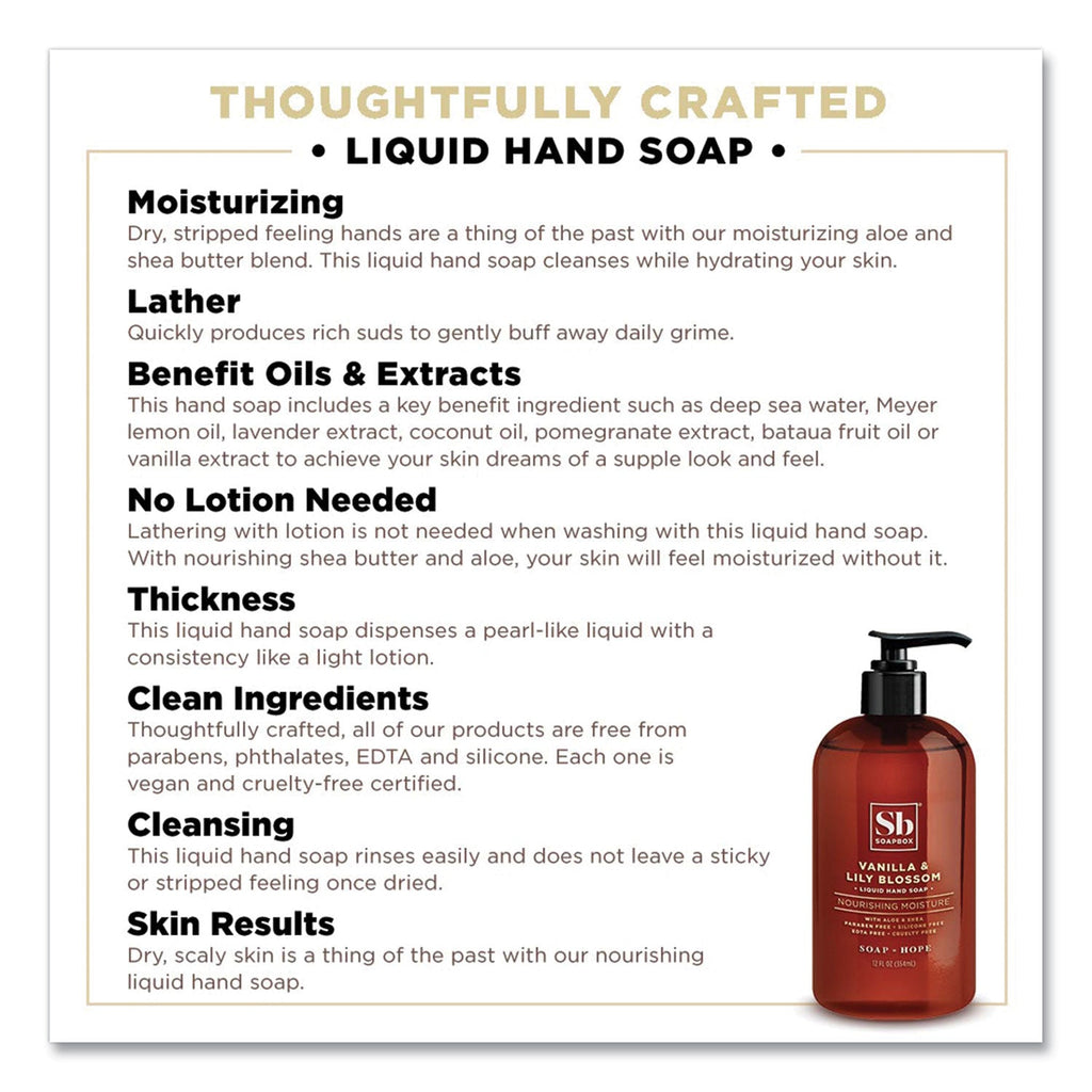 Soapbox Hand Soap, Vanilla and Lily Blossom, 12 oz Pump Bottle, 12/Carton