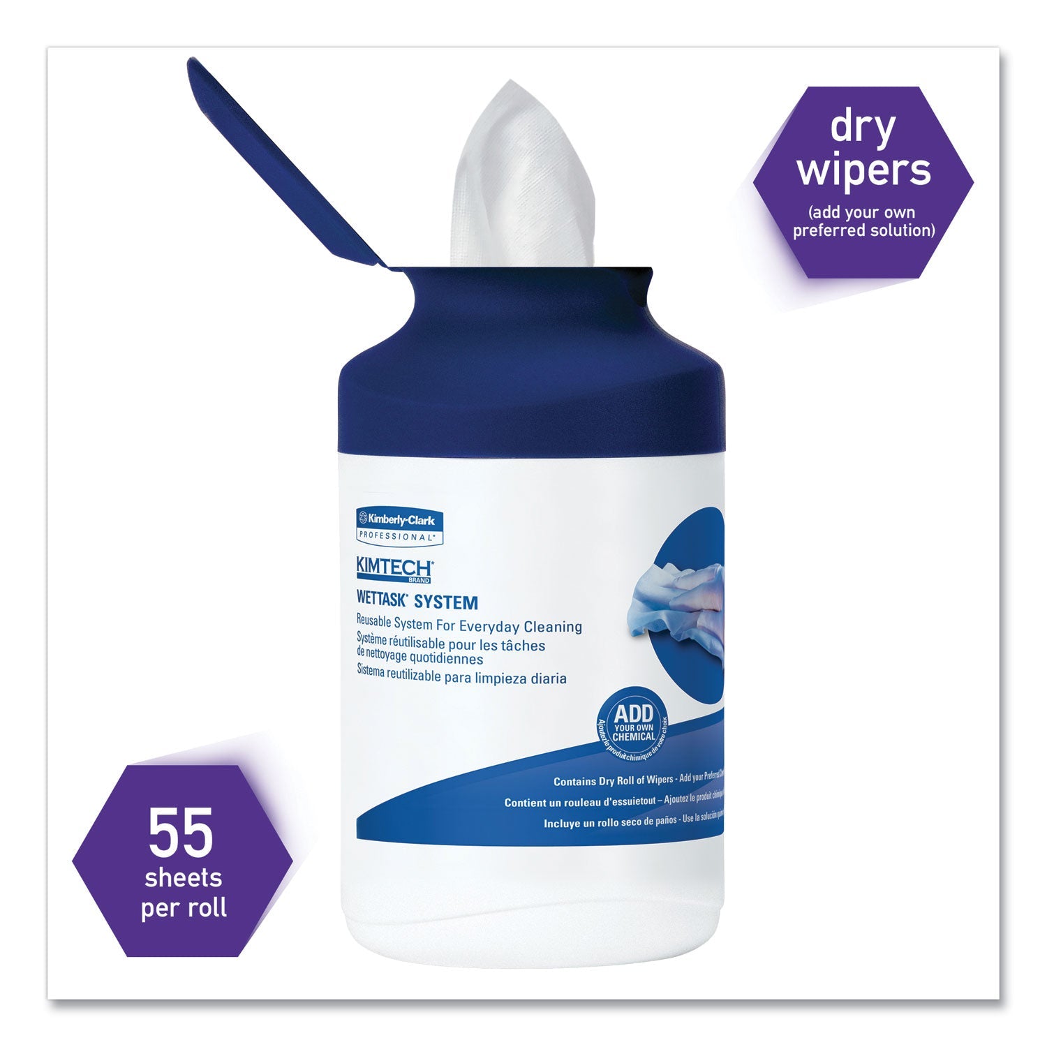 Kimtech WetTask System Prep Wipers for Bleach/Disinfectants/Sanitizers Hygienic Enclosed System Refills, w/Canister, 55/Rl,12 Roll/Ct