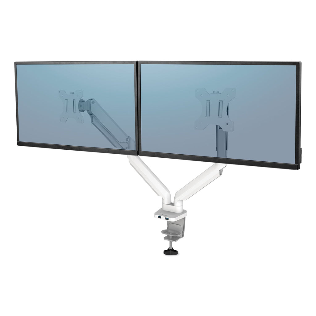 Fellowes Platinum Series Dual Monitor Arm, For 27" Monitors, 360 deg Rotation, 45 deg Tilt, 180 deg Pan, White, Supports 20 lb