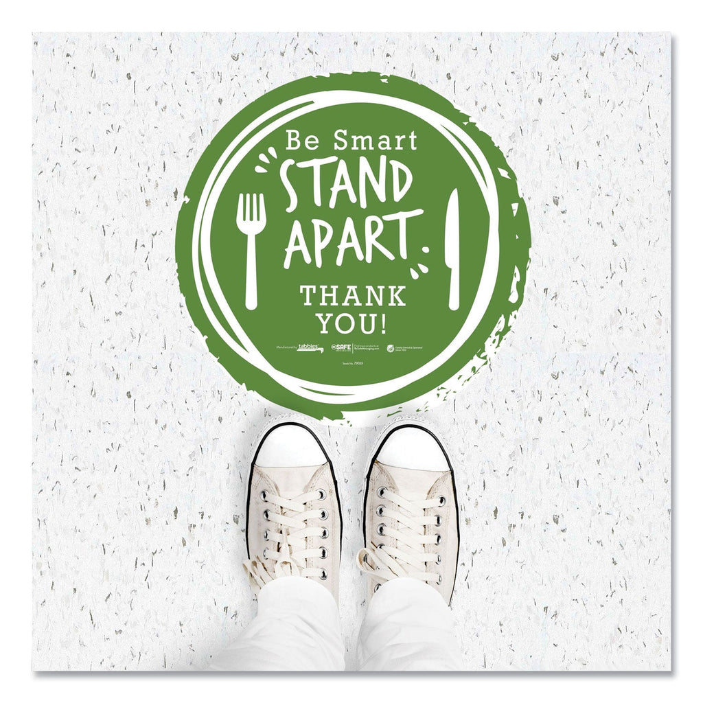 Tabbies BeSafe Messaging Floor Decals, Be Smart Stand Apart; Knife/Fork; Thank You, 12" Dia., Green/White, 6/Carton