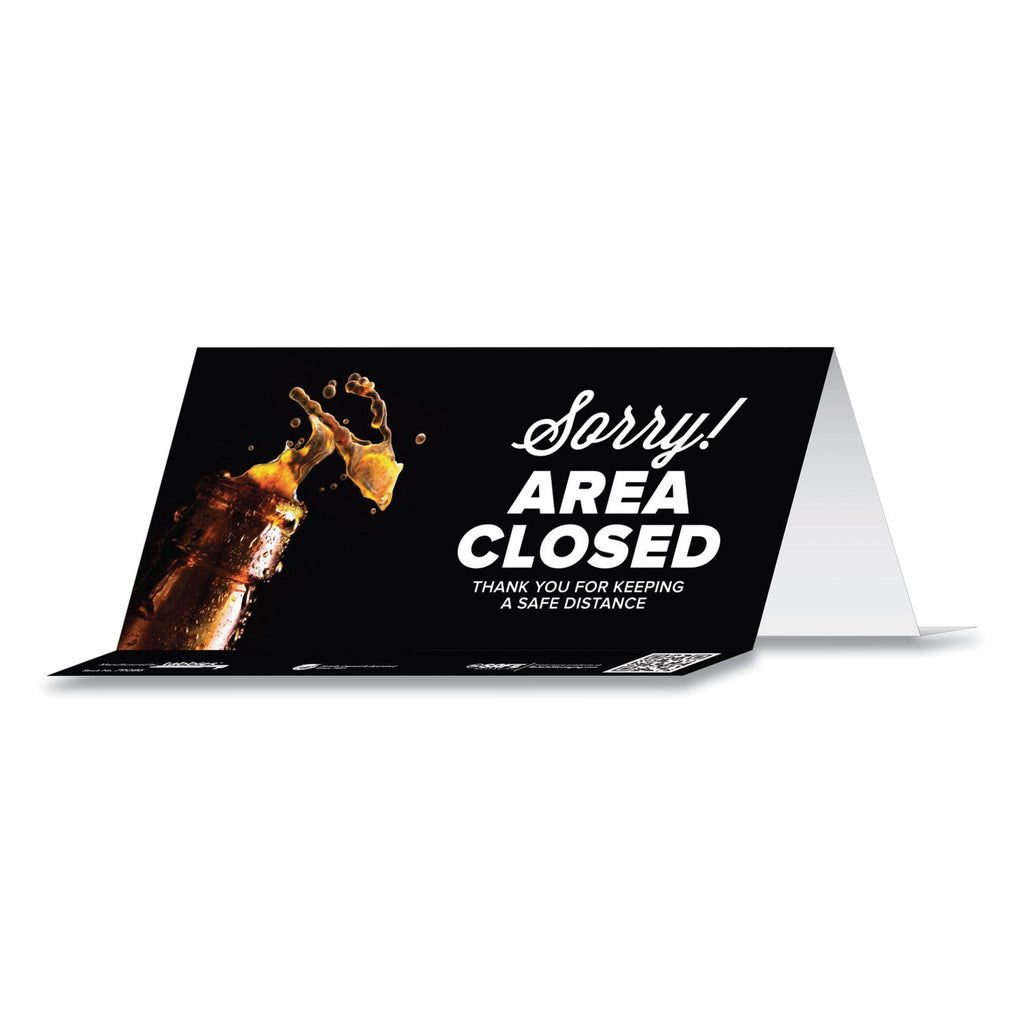 Tabbies BeSafe Messaging Table Top Tent Card, 8 x 3.87, Sorry! Area Closed Thank You For Keeping A Safe Distance, Black, 10/Pack