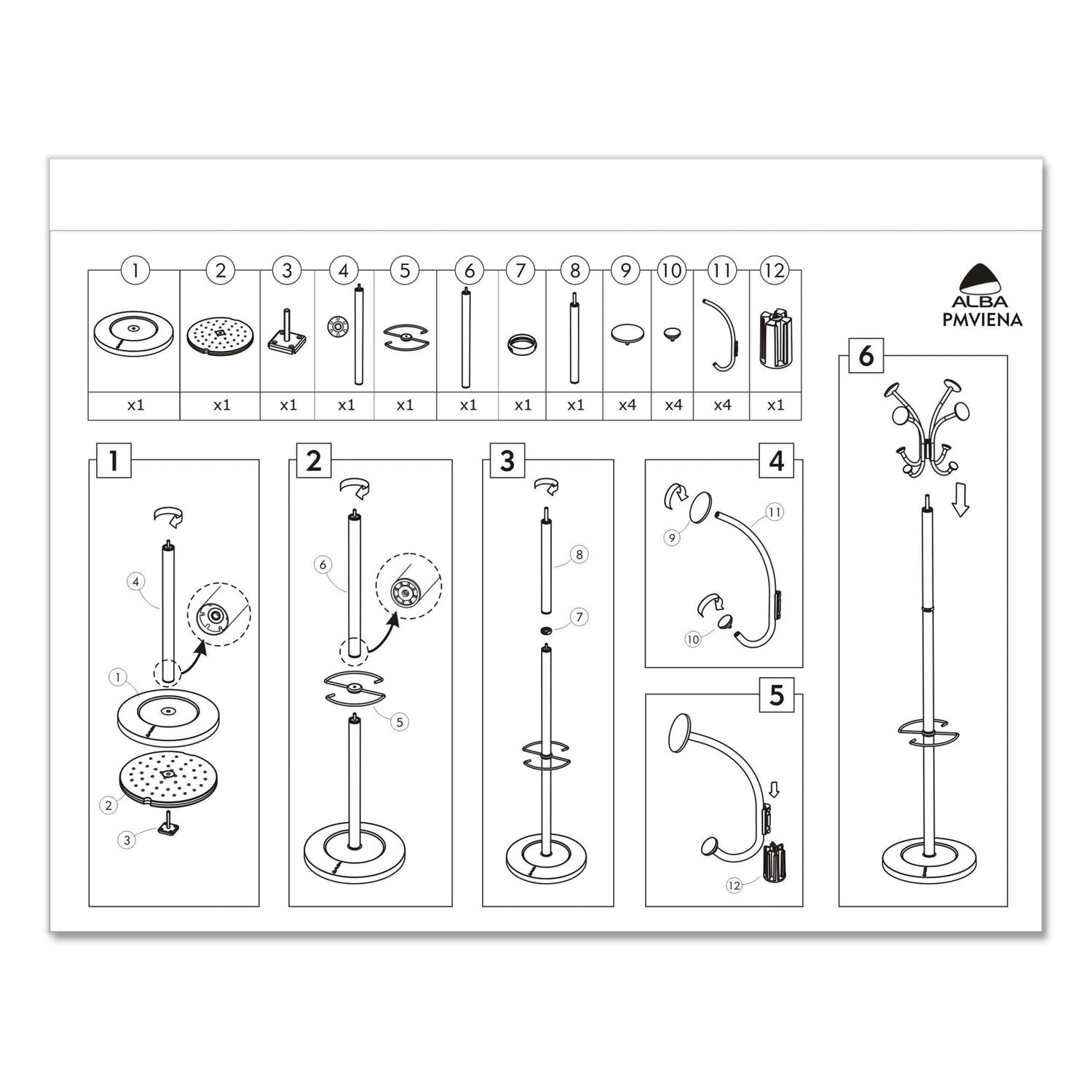 Alba Viena Coat Stand, Eight Knobs, Steel, 16w x 16d x 70.5h, Black