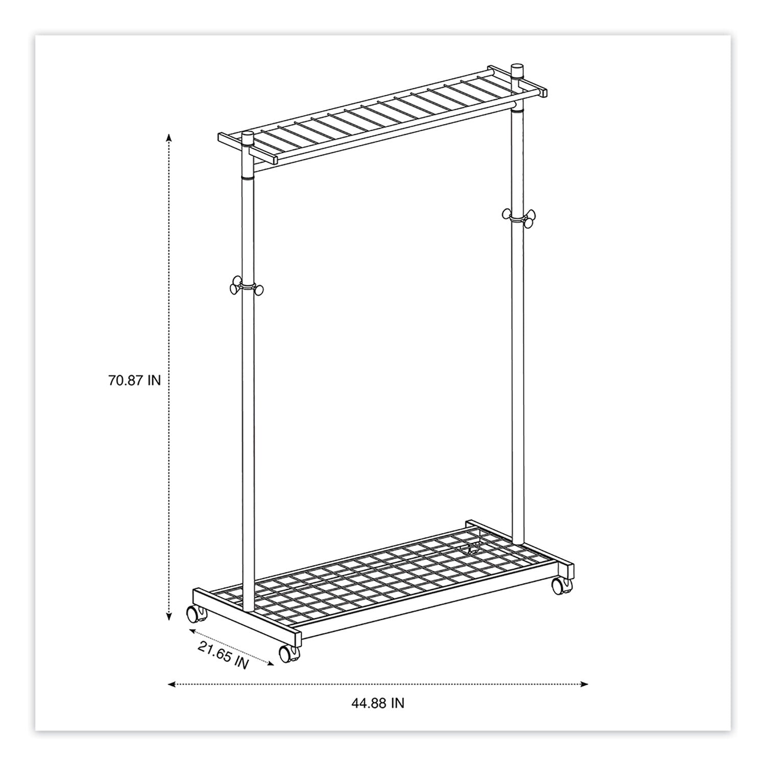 Alba Garment Racks, Two-Sided, 2-Shelf Coat Rack, 6 Hanger/6 Hook, 44.8w x 21.67d x 70.8h, Silver/Wood