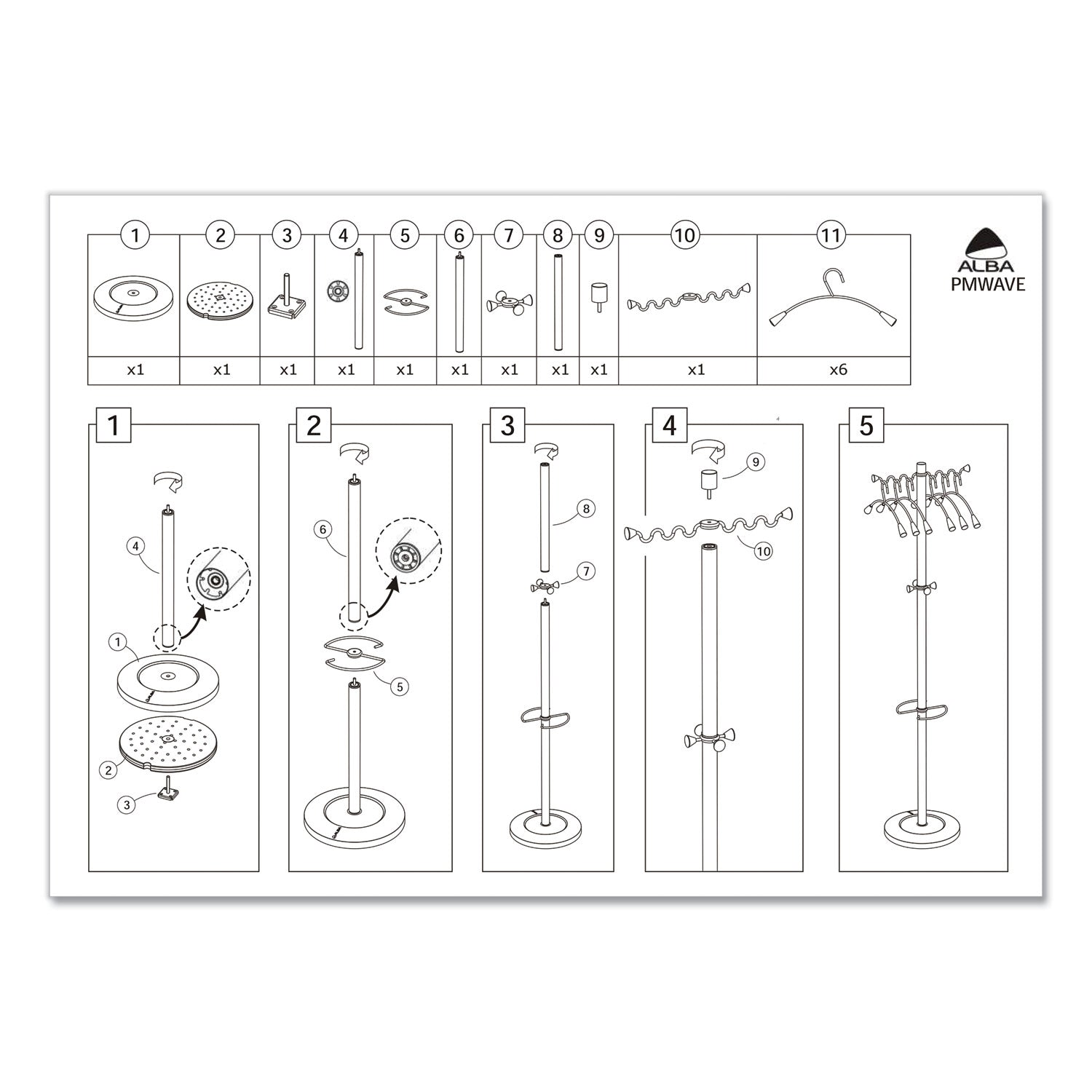 Alba Wavy Coat Tree, Six Hangers/Two Knobs/Four Hooks, 18.88w x 14d x 68.5h, Silver/Wood