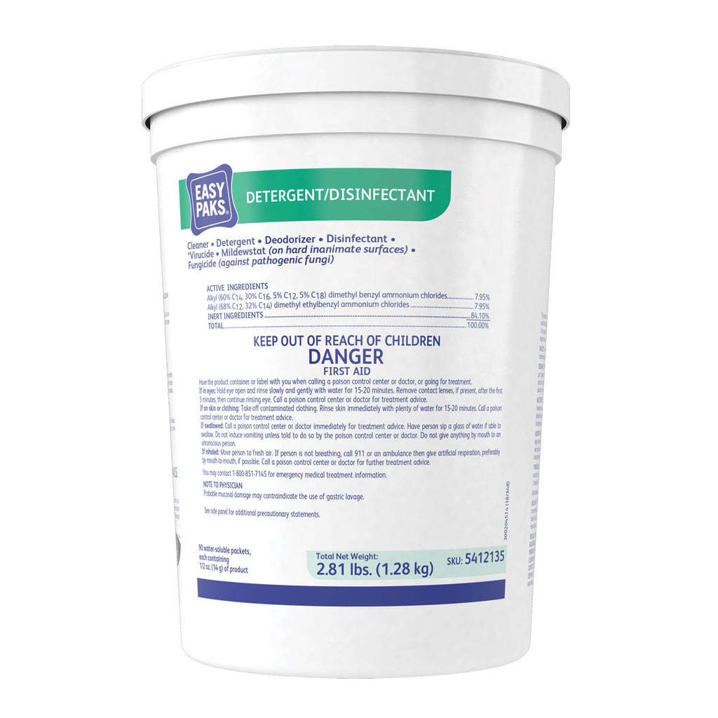 Easy Paks Detergent/Disinfectant, Lemon Scent, 0.5 oz Packet, 90/Tub, 2 Tubs/Carton