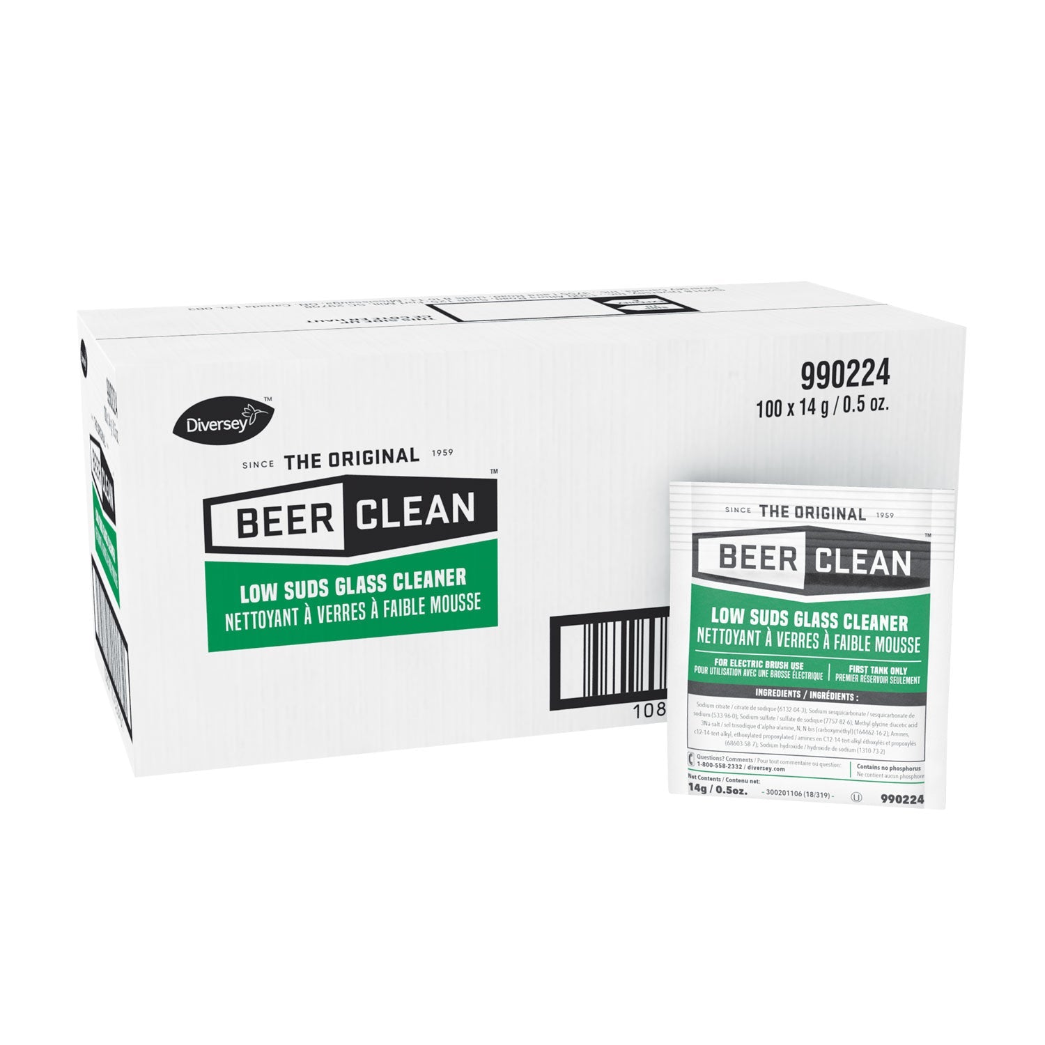 Diversey Beer Clean Glass Cleaner, Powder, 0.5 oz Packet, 100/Carton