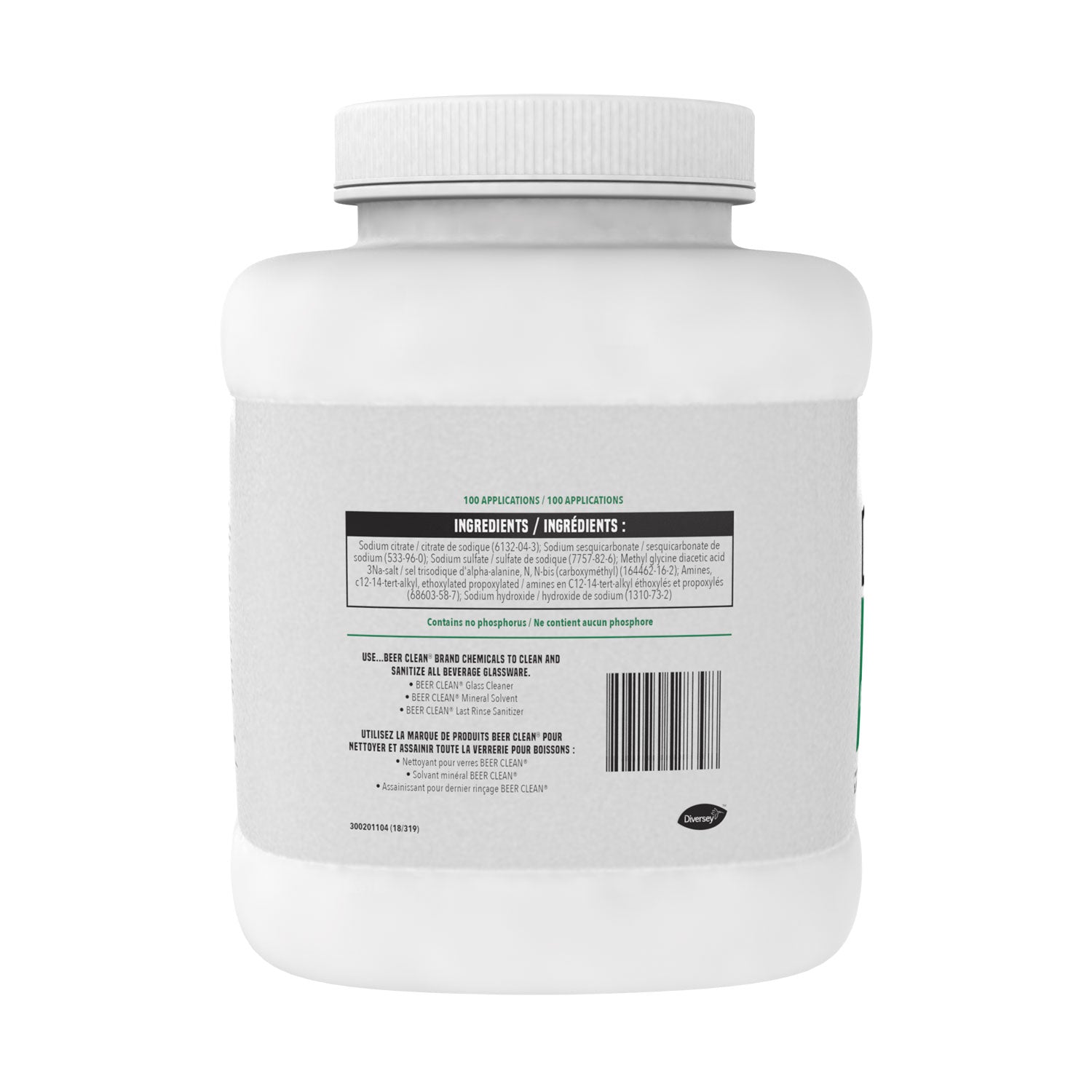 Diversey Beer Clean Glass Cleaner, Unscented, Powder, 4 lb. Container