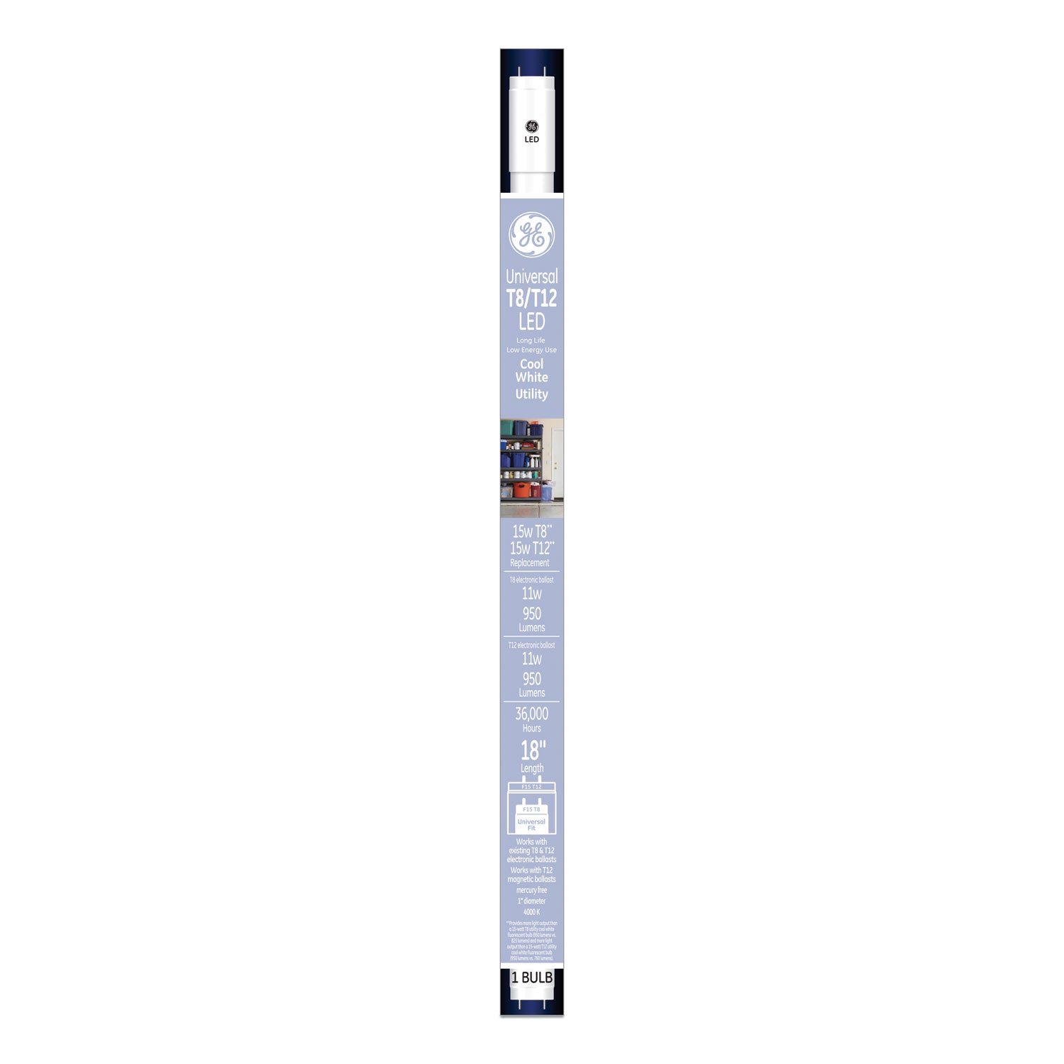 GE 18" T8/T12, 15 W, T8 Tube, Cool White, 6/Carton