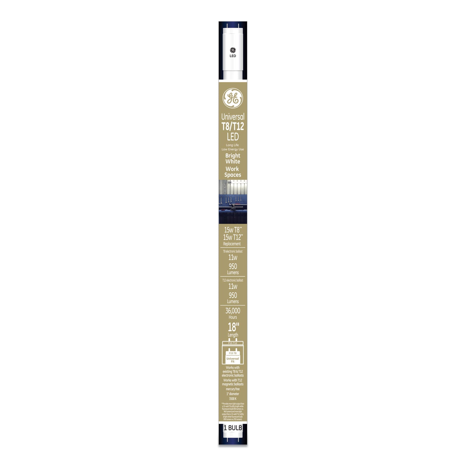 GE 18" T8/T12, 15 W, T8 Tube, Bright White, 6/Carton