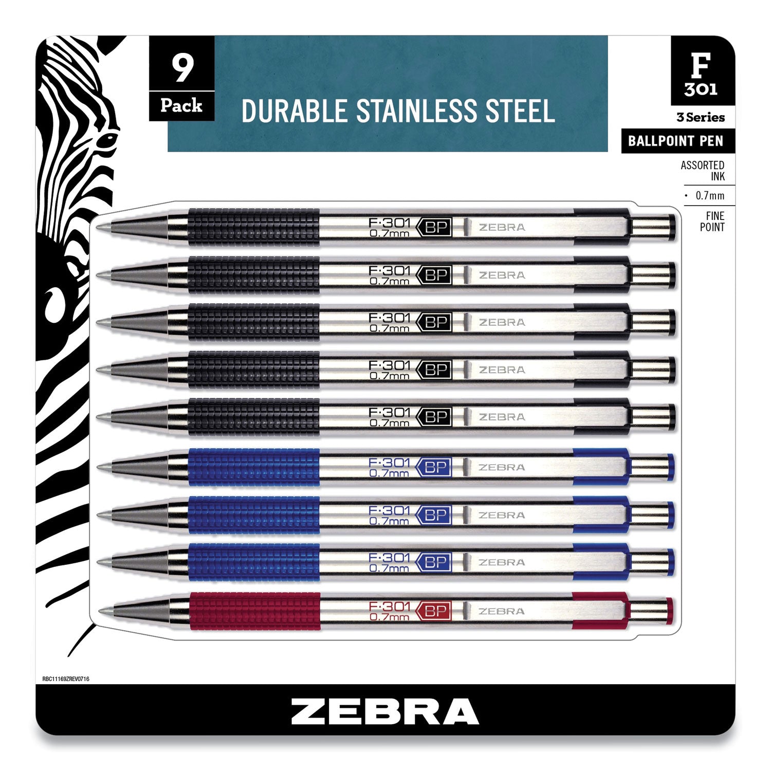 Zebra F-301 Ballpoint Pen, Retractable, Fine 0.7 mm, Assorted Ink and Barrel Colors, 9/Pack