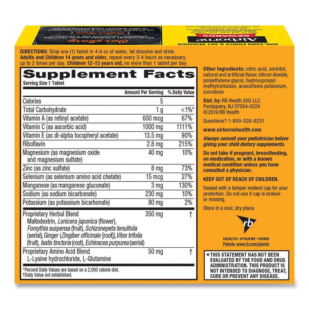 Airborne Immune Support Effervescent Tablet, Zesty Orange, 30/Pack