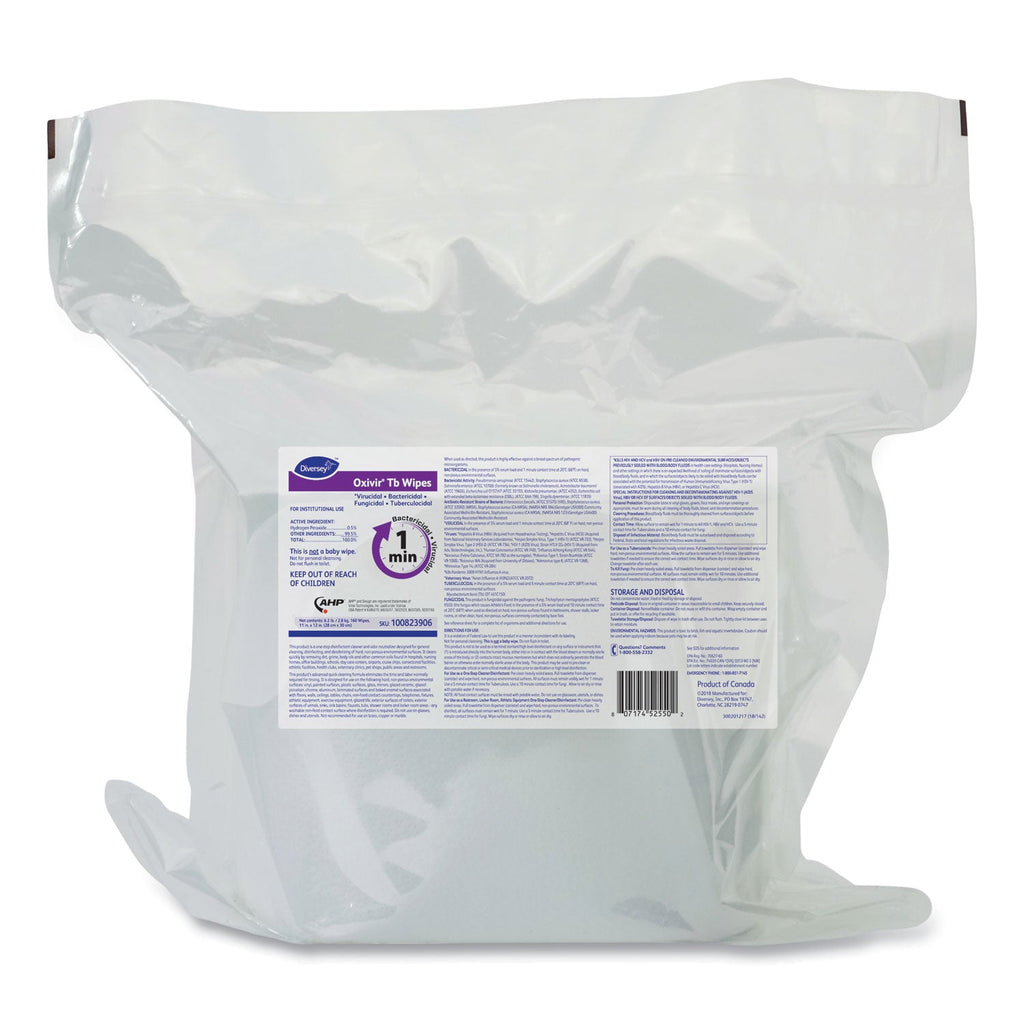 Diversey Oxivir TB Disinfectant Wipes Refill, 11 x 12, Unscented, White, 160 Wipes/Refill Pouch, 4 Refill Pouches/Carton