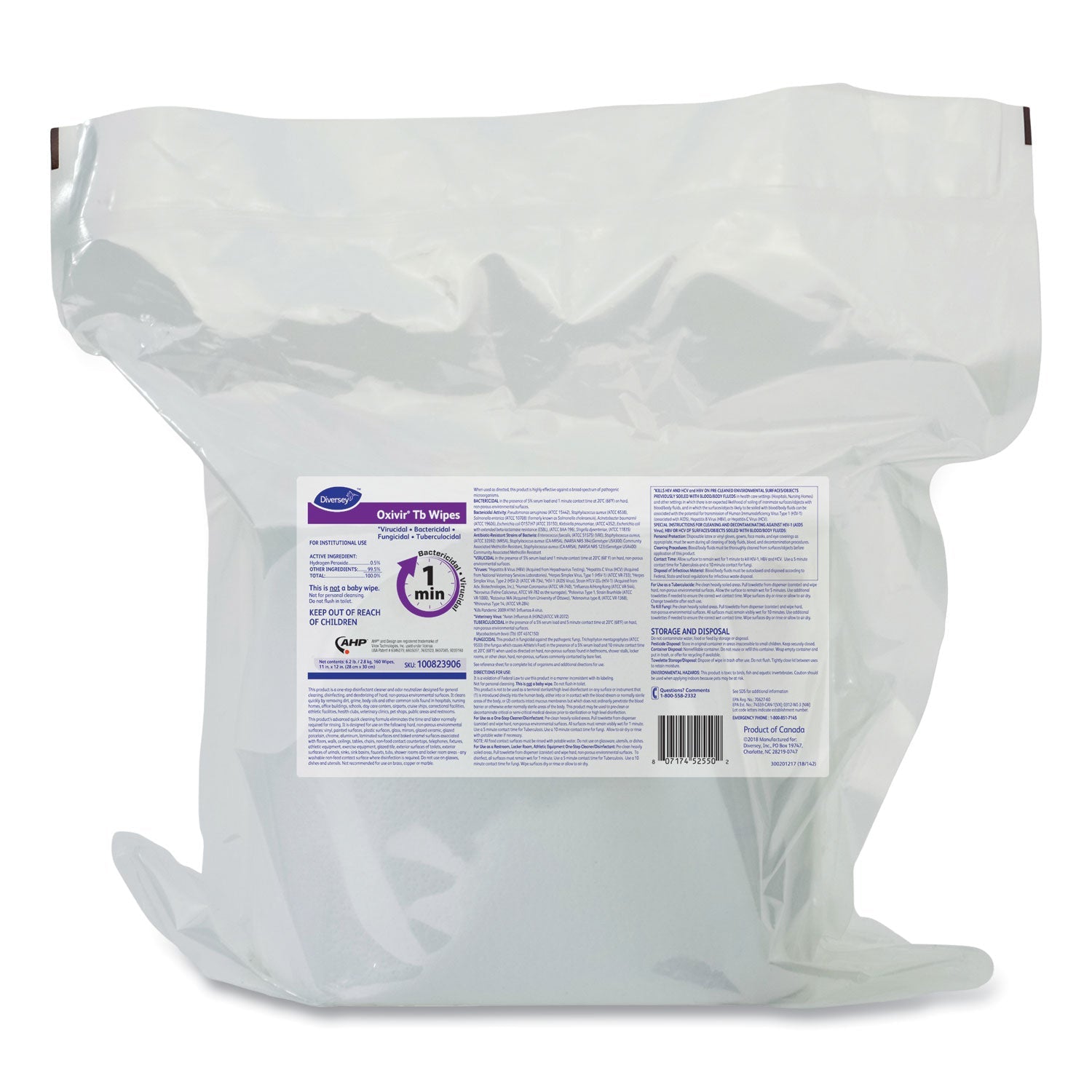 Diversey Oxivir TB Disinfectant Wipes Refill, 11 x 12, Unscented, White, 160 Wipes/Refill Pouch, 4 Refill Pouches/Carton