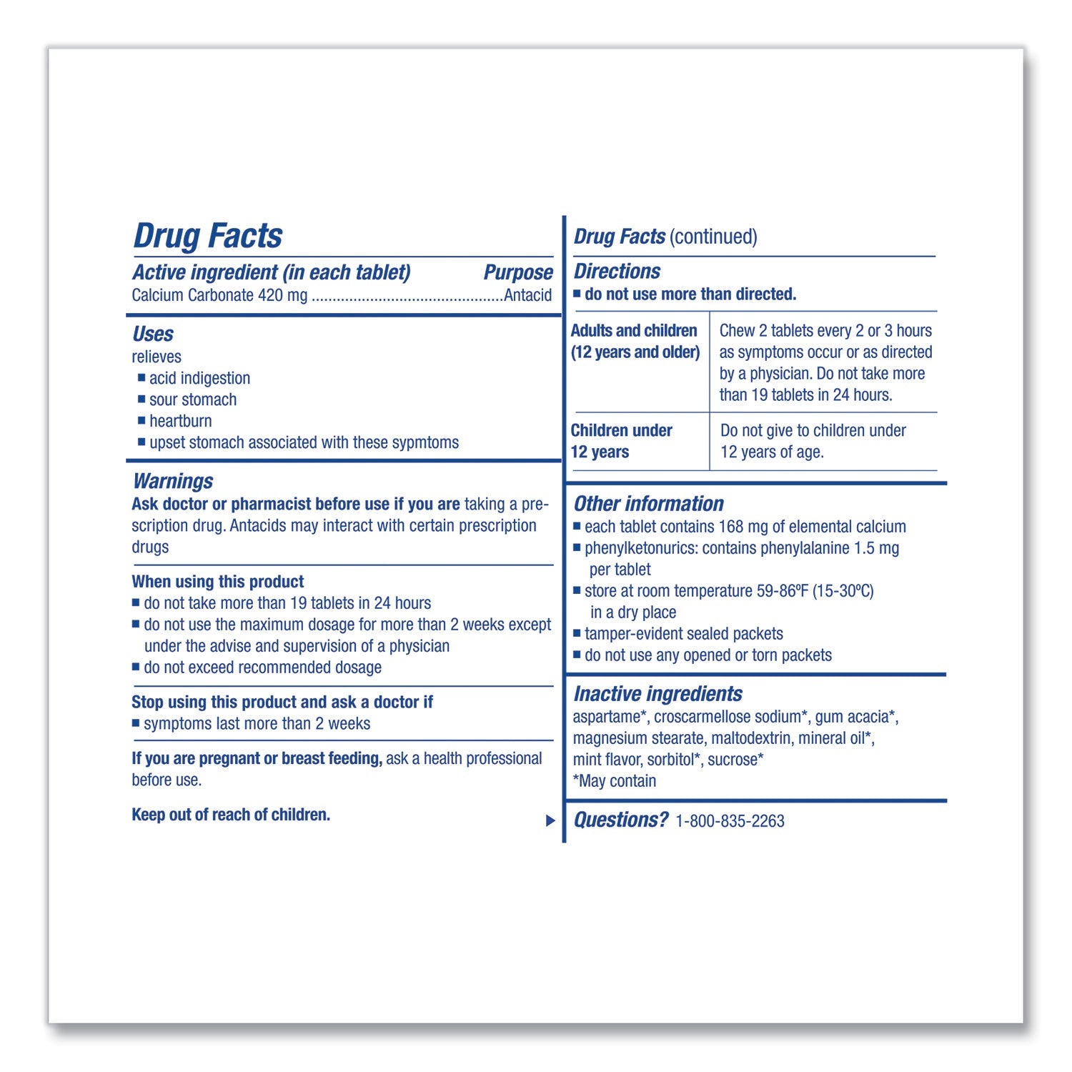 First Aid Only Over the Counter Antacid Medications for First Aid Cabinet, 2 Tablets/Packet, 125 Packets/Box