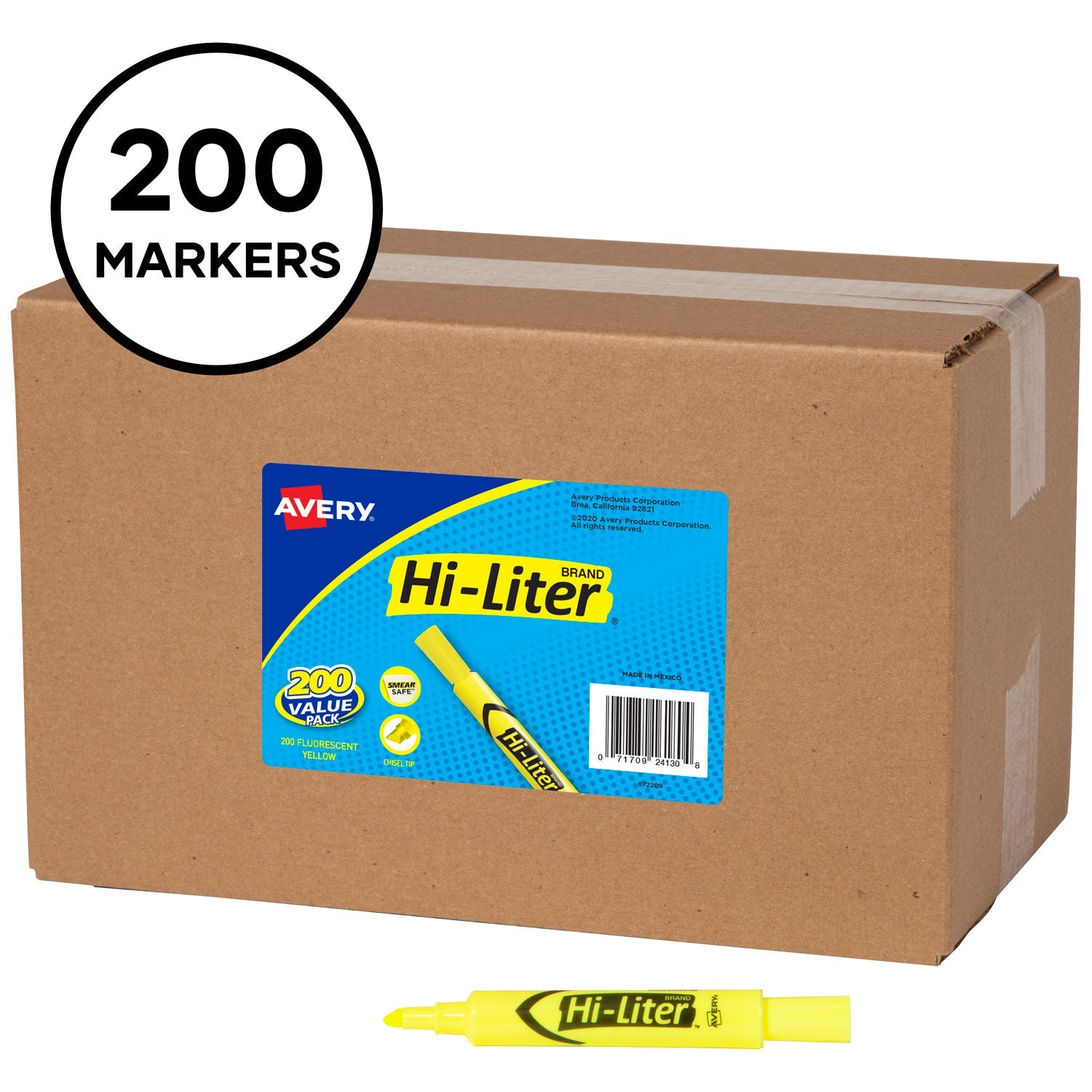 Avery HI-LITER Desk-Style Highlighters, Fluorescent Yellow Ink, Chisel Tip, Yellow/Black Barrel, 200/Box