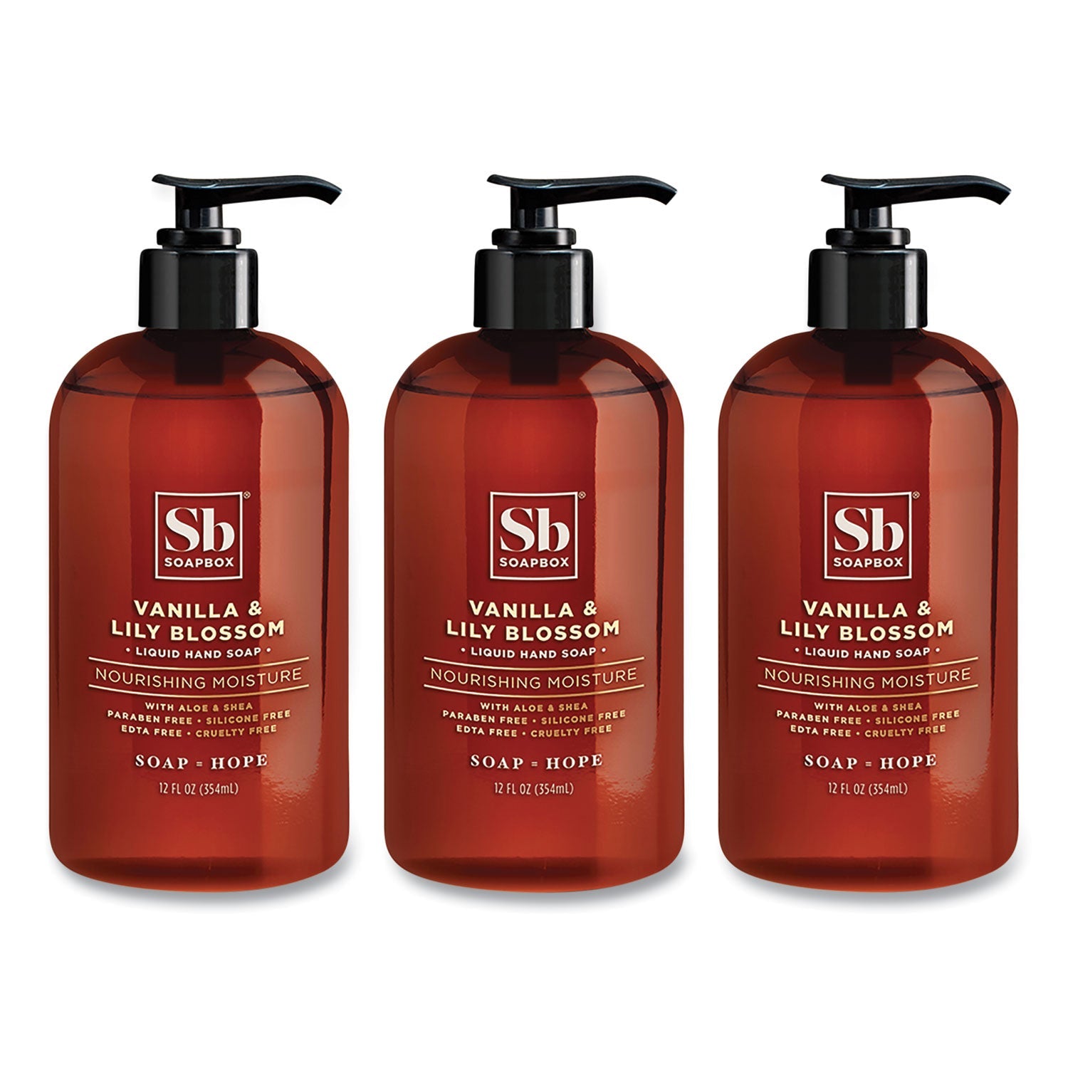 Soapbox Hand Soap, Vanilla and Lily Blossom, 12 oz Pump Bottle, 3/Box