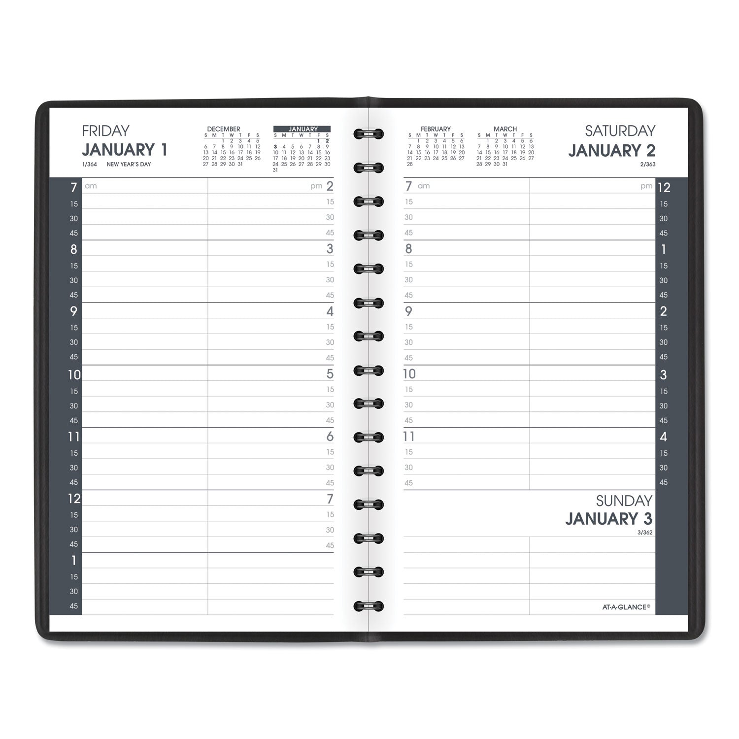 AT-A-GLANCE Daily Appointment Book with 15-Minute Appointments, One Day/Page: Mon to Sun, 8 x 5, Black Cover, 12-Month (Jan to Dec): 2023