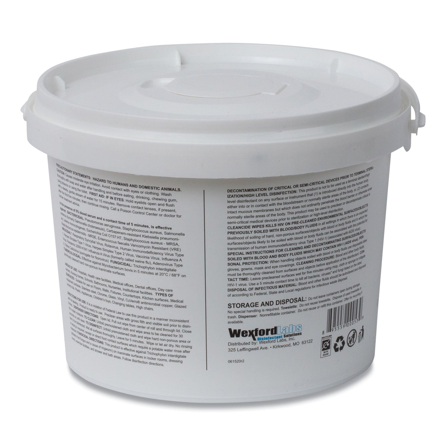 Wexford Labs CleanCide Disinfecting Wipes, 8 x 5.5, Fresh Scent, 400/Tub, 4 Tubs/Carton