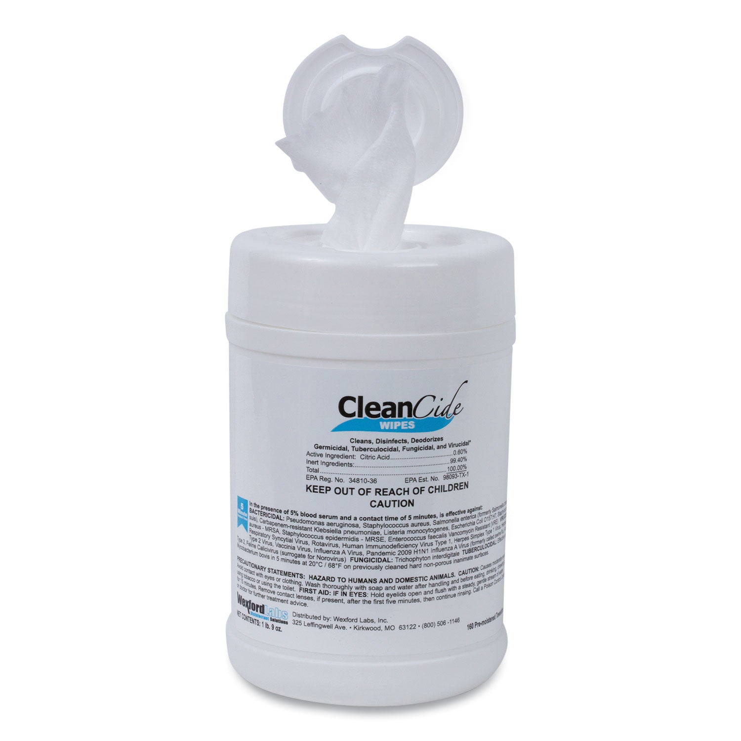 Wexford Labs CleanCide Disinfecting Wipes, 6.5 x 6, Fresh Scent, 160/Canister, 12 Canisters/Carton